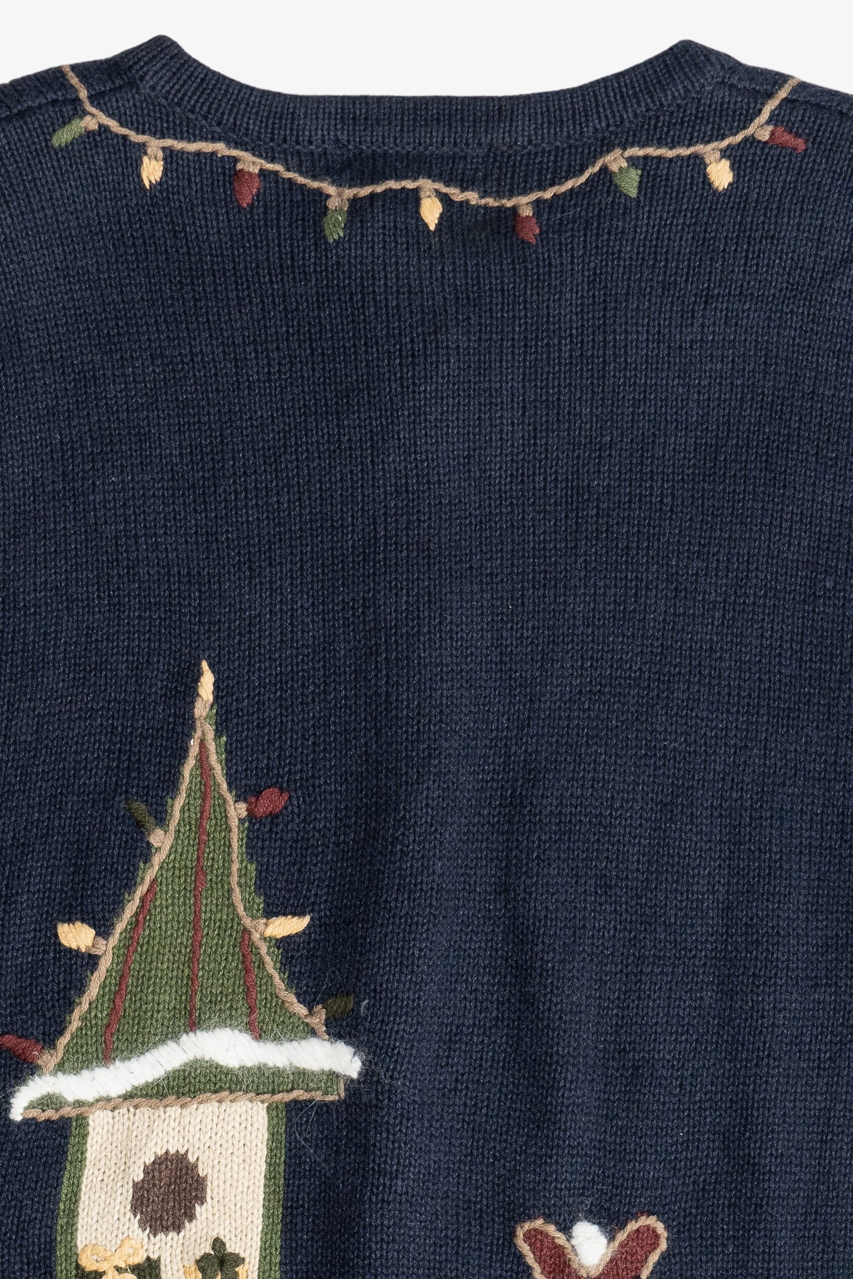 Vintage Navy Blue Christopher & Banks Reindeer With Birdhouses Ugly Christmas Sweater (2000s)