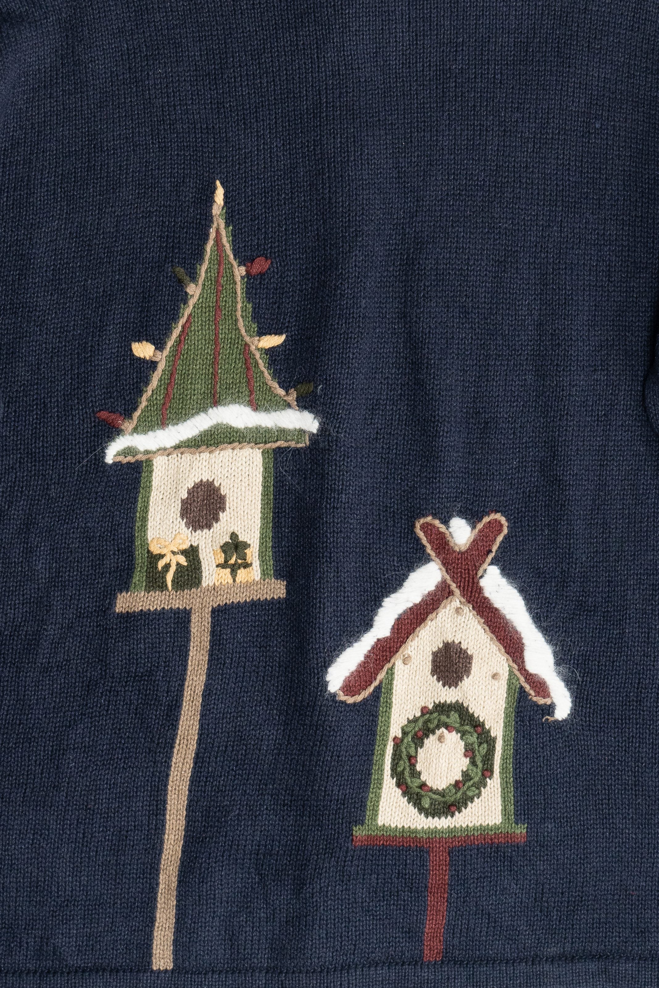 Vintage Navy Blue Christopher & Banks Reindeer With Birdhouses Ugly Christmas Sweater (2000s)