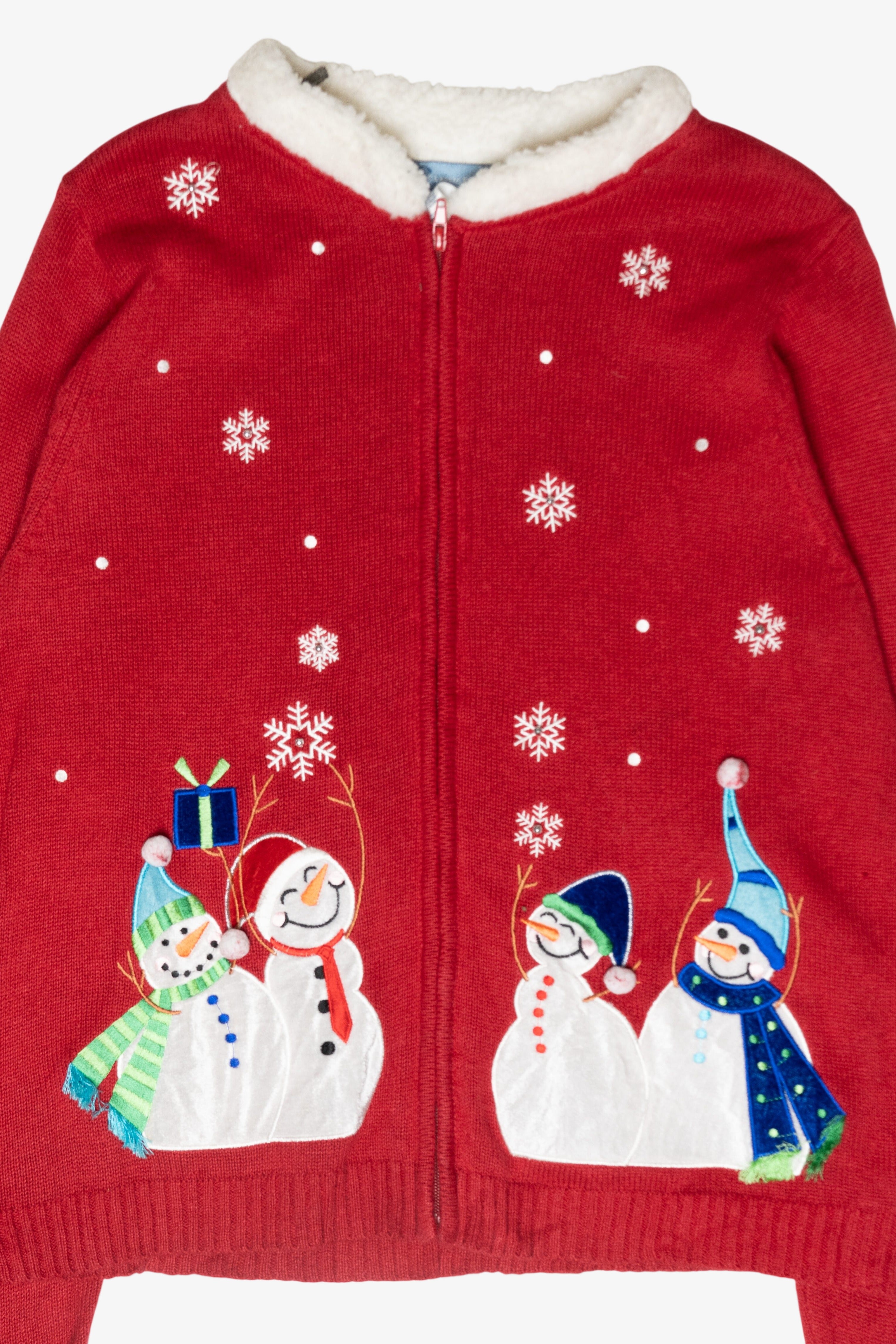 Happy Snowmen Fur Collar Vintage Ugly Christmas Cardigan (2000s)