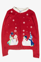 Happy Snowmen Fur Collar Vintage Ugly Christmas Cardigan (2000s)