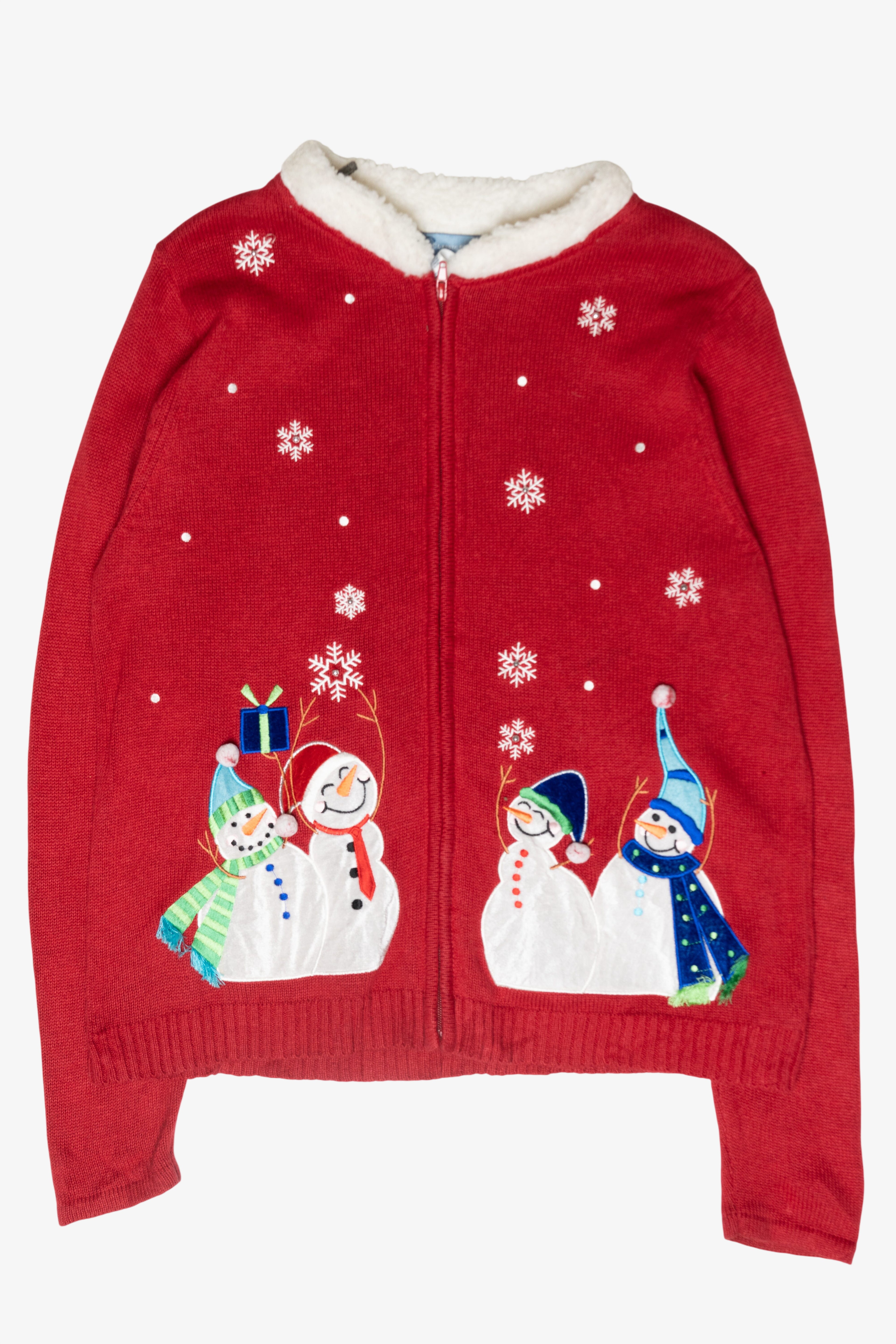 Happy Snowmen Fur Collar Vintage Ugly Christmas Cardigan (2000s)