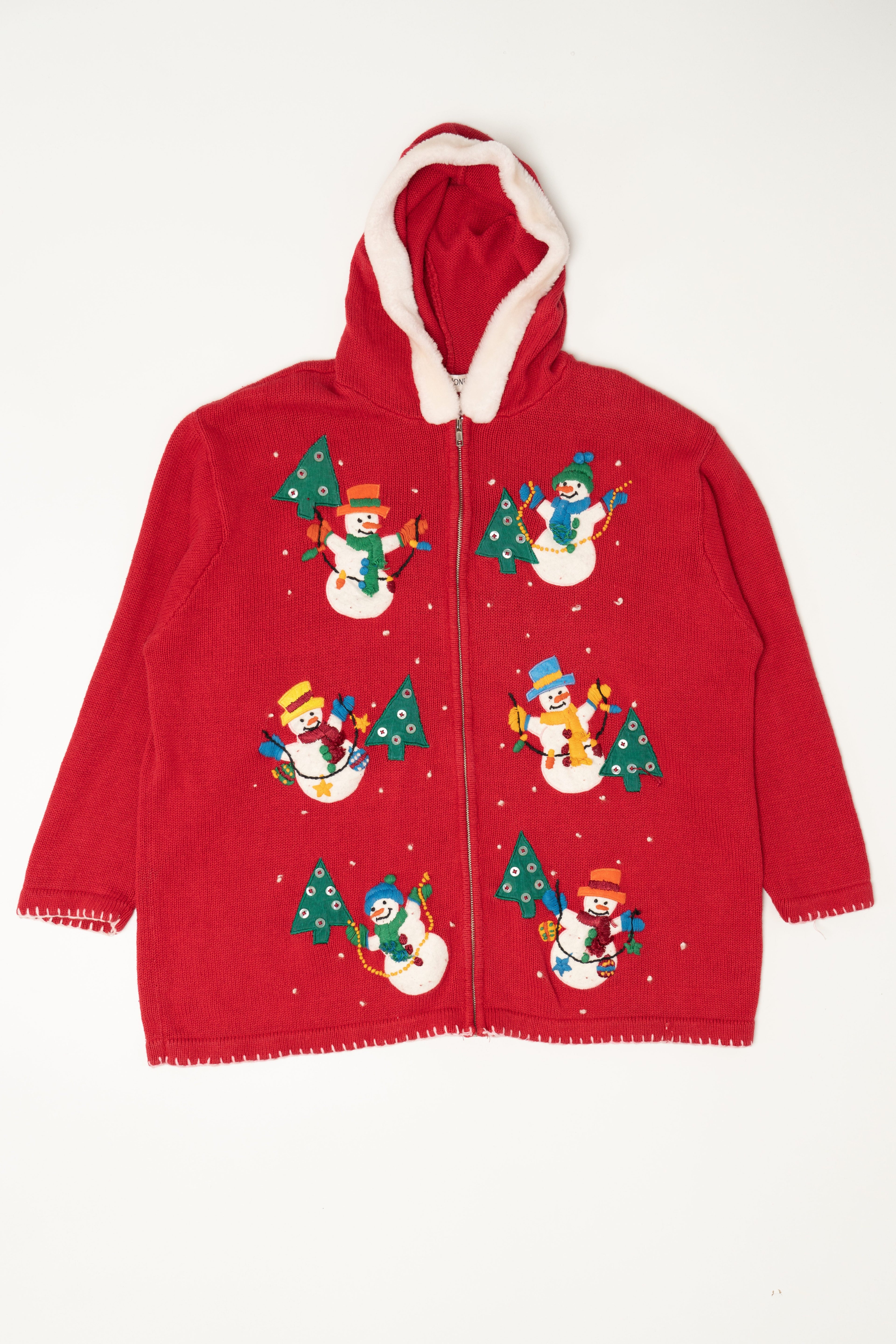 Vintage Red Victoria Jones Snowmen Hooded Ugly Christmas Cardigan (1990s)