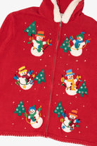 Vintage Red Victoria Jones Snowmen Hooded Ugly Christmas Cardigan (1990s)