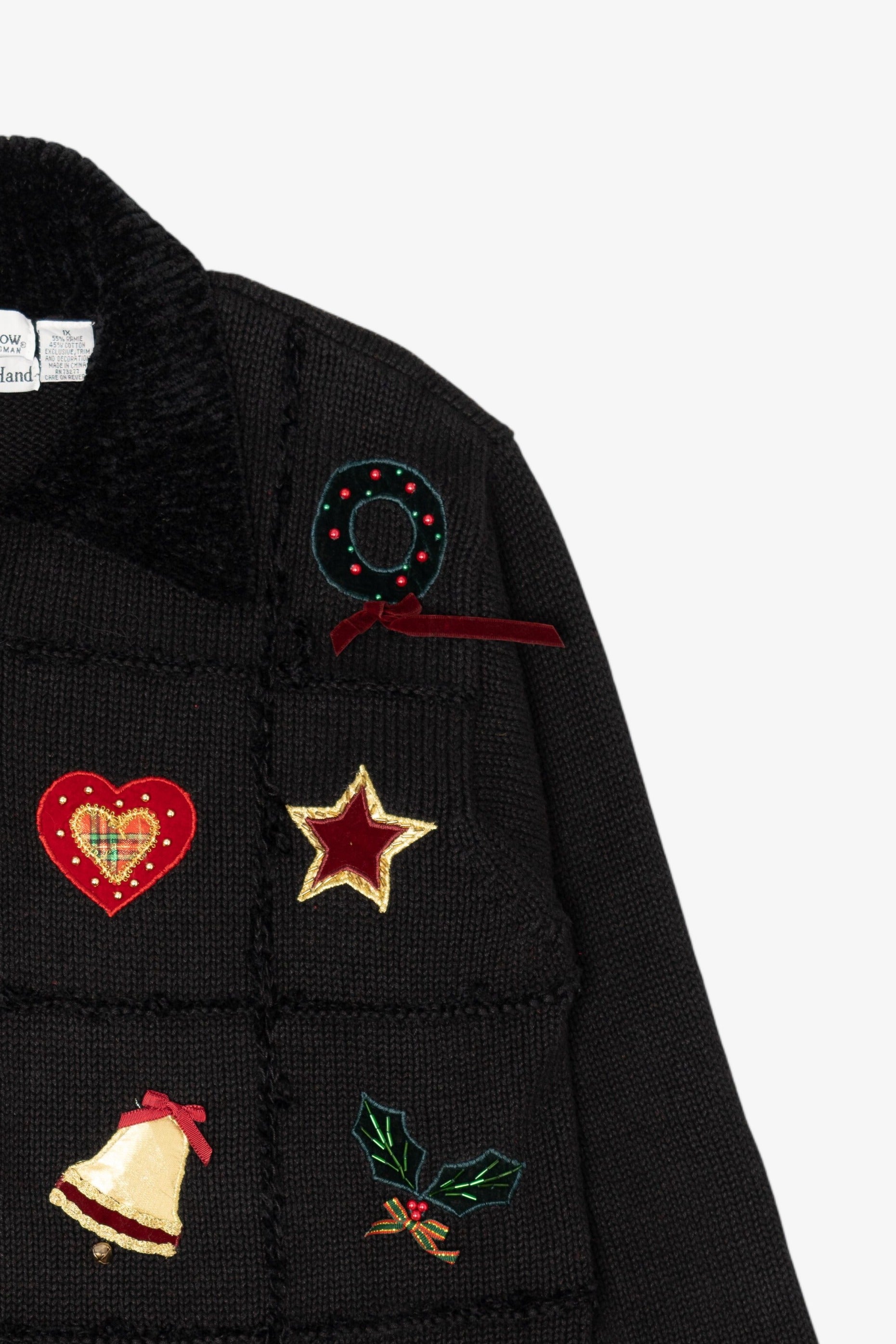 Vintage Hand Knit Black Croft & Barrow Ugly Christmas Cardigan (1990s)