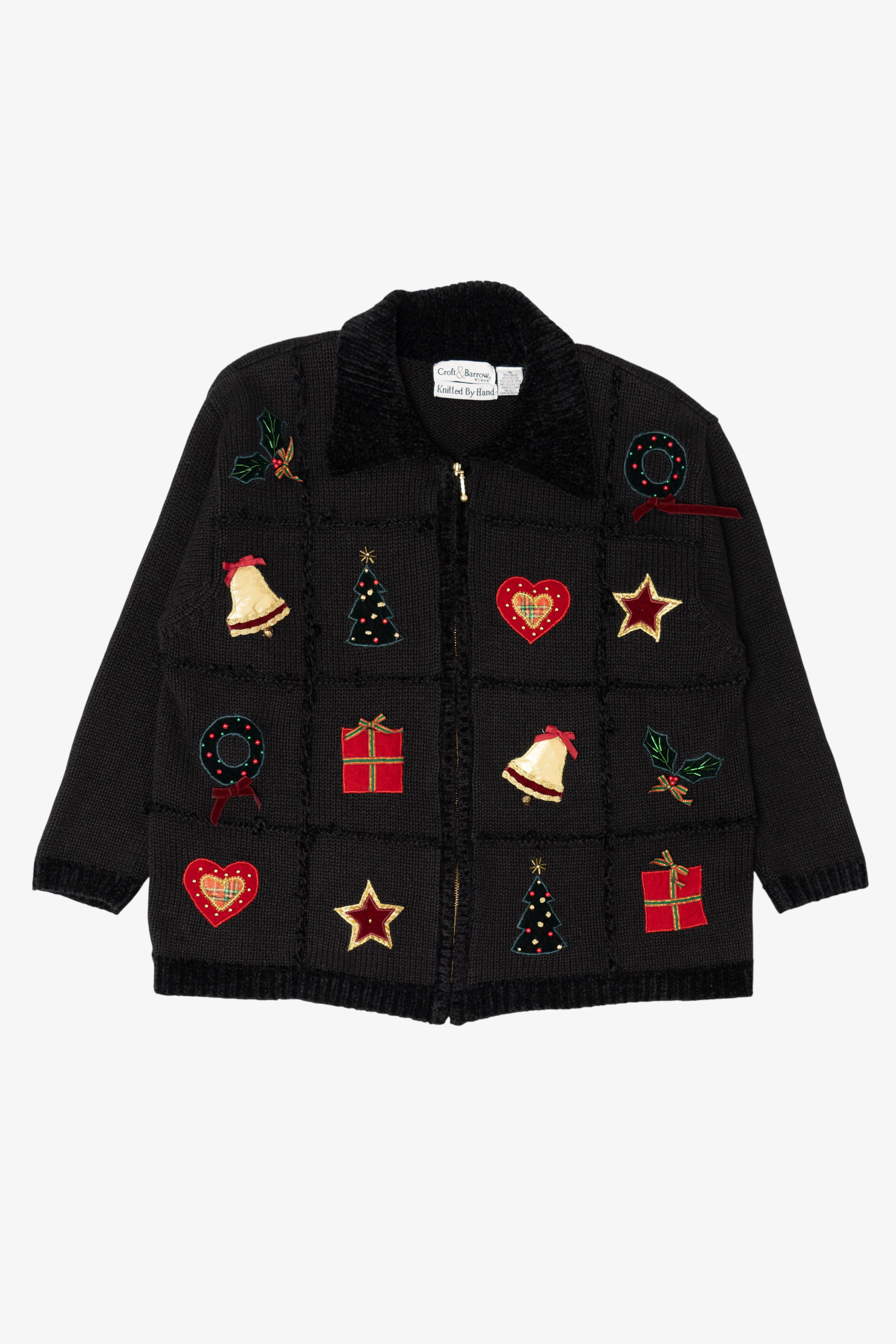 Vintage Hand Knit Black Croft & Barrow Ugly Christmas Cardigan (1990s)