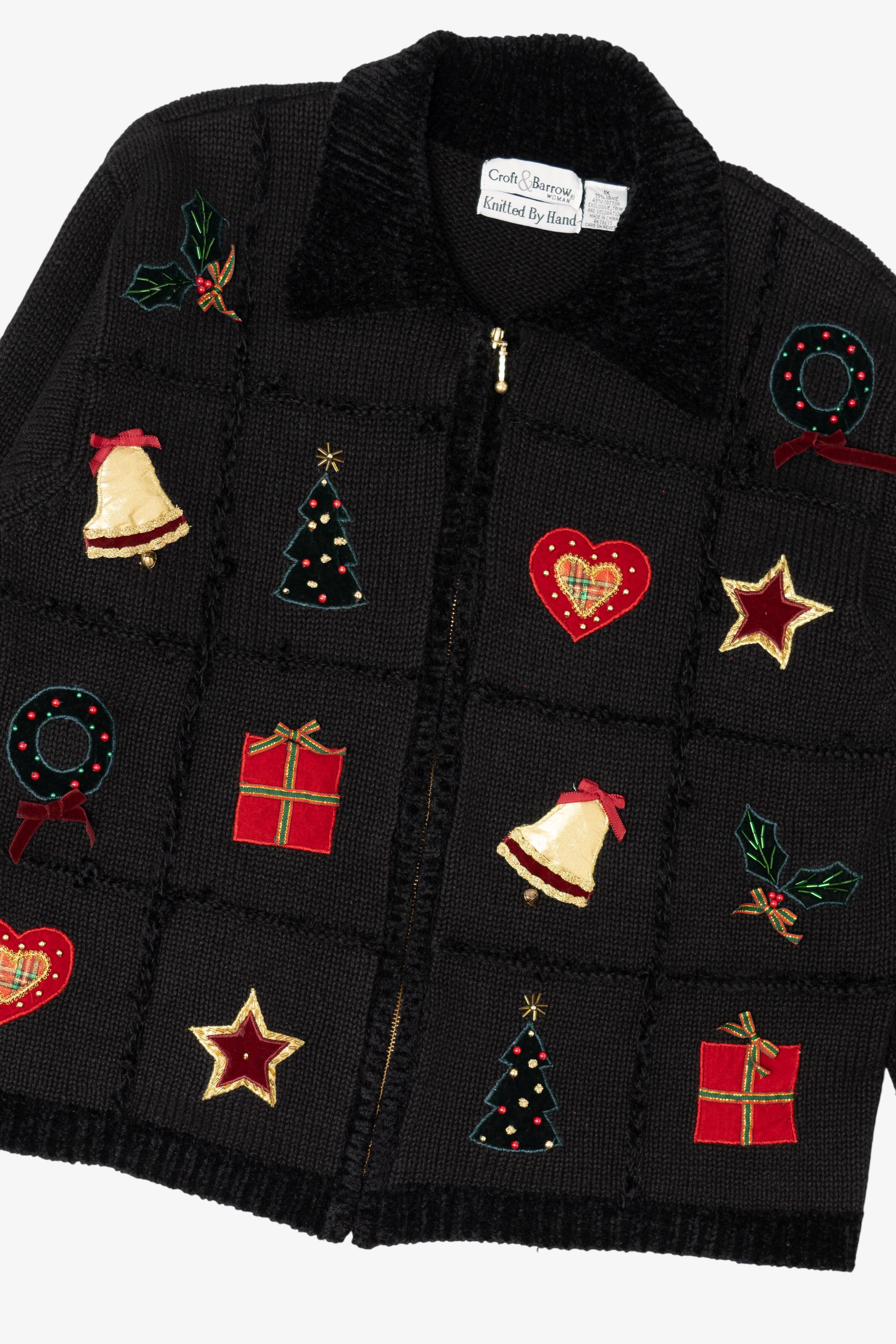 Vintage Hand Knit Black Croft & Barrow Ugly Christmas Cardigan (1990s)