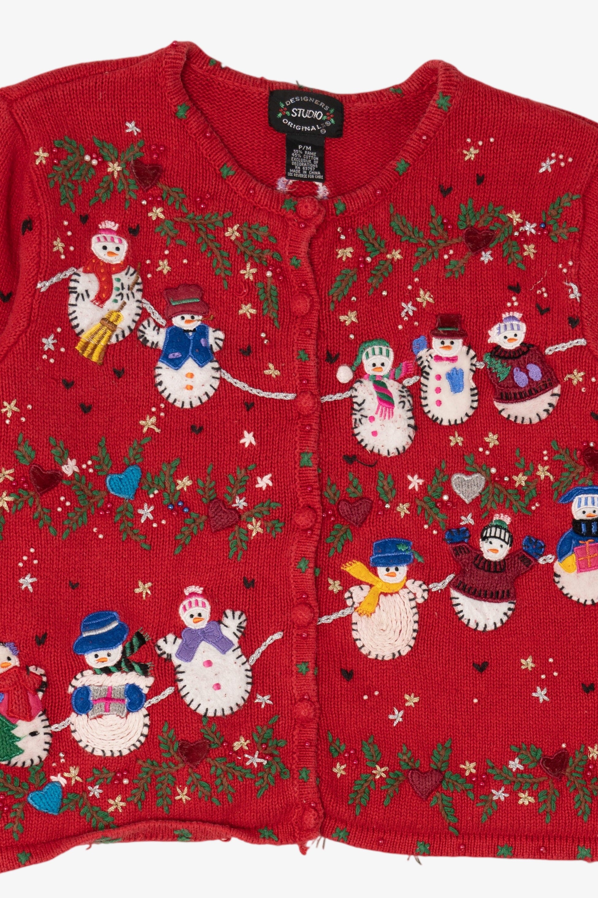 Vintage Red Designers Originals Studio Snowmen Christmas Cardigan (1990s)