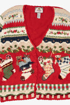 Vintage Red Tiara Stockings Ugly Christmas Cardigan (1990s)