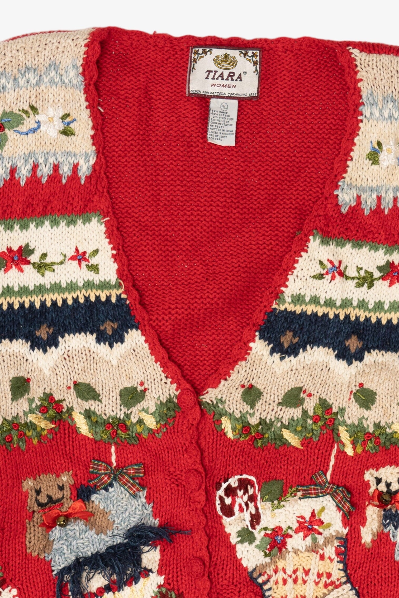 Vintage Red Tiara Stockings Ugly Christmas Cardigan (1990s)