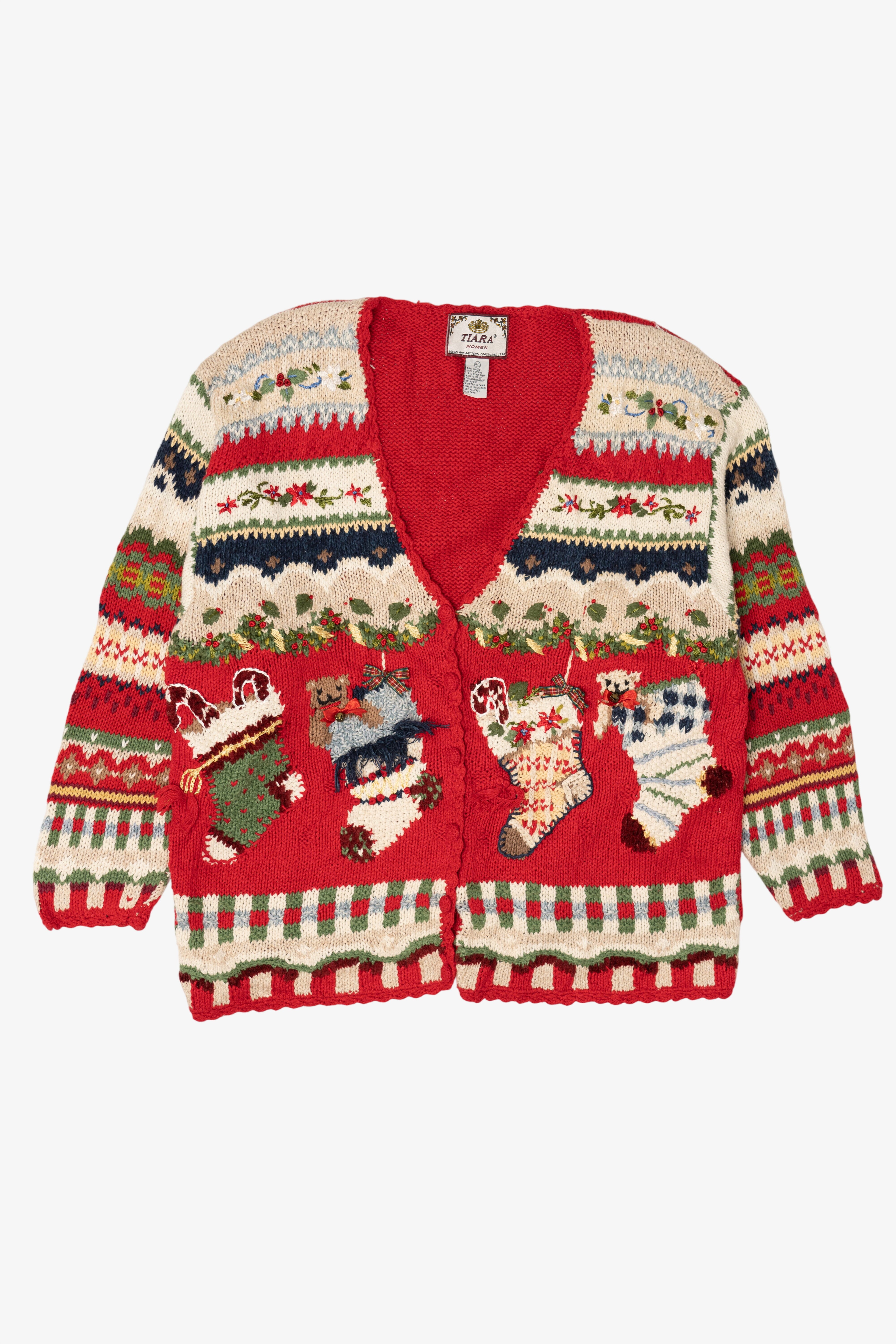 Vintage Red Tiara Stockings Ugly Christmas Cardigan (1990s)