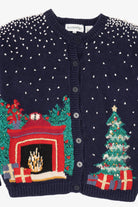 Vintage Navy Blue Fireplace Baxter & Wells Ugly Christmas Cardigan (1990s)
