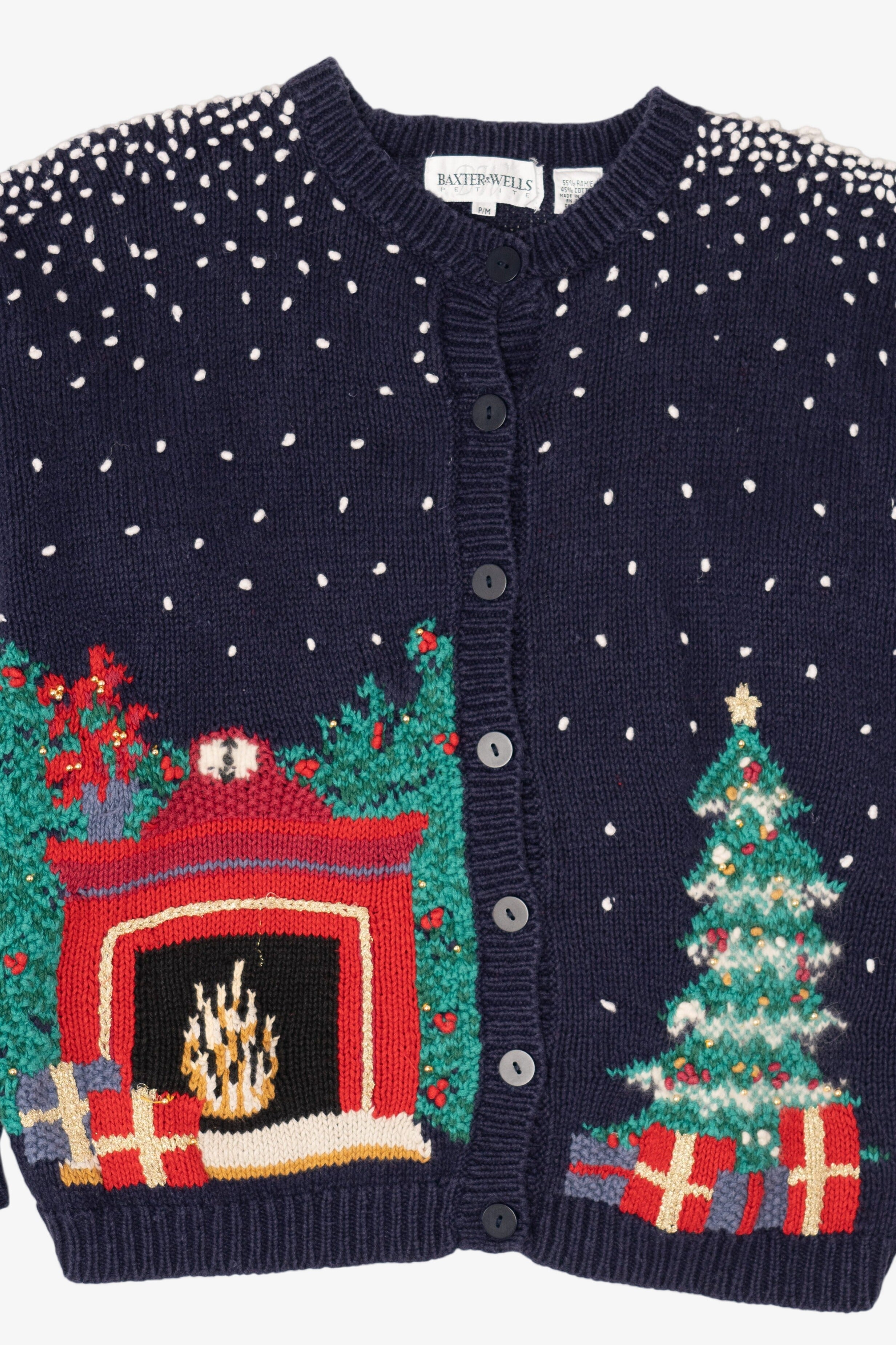 Vintage Navy Blue Fireplace Baxter & Wells Ugly Christmas Cardigan (1990s)