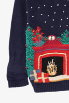 Vintage Navy Blue Fireplace Baxter & Wells Ugly Christmas Cardigan (1990s)