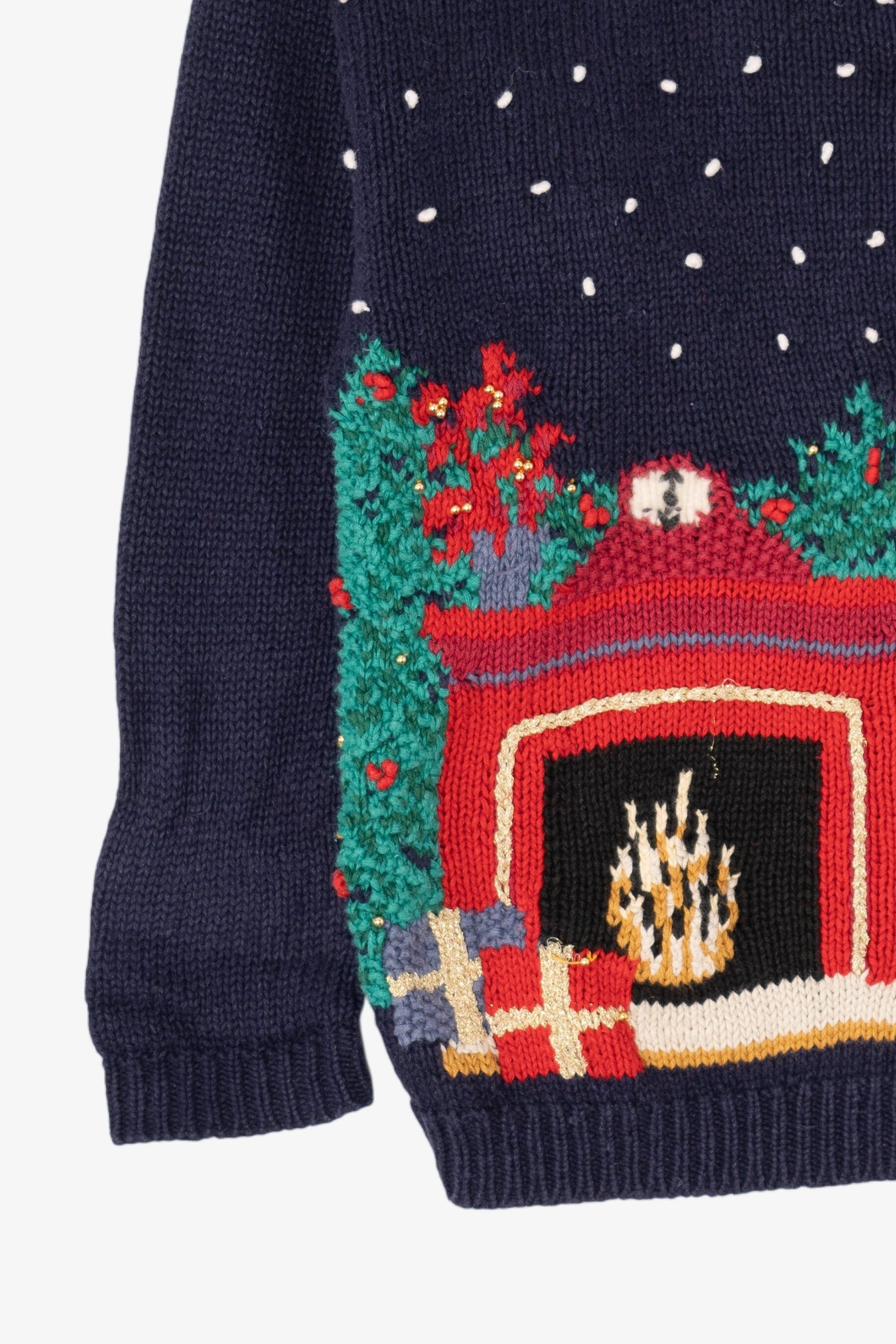 Vintage Navy Blue Fireplace Baxter & Wells Ugly Christmas Cardigan (1990s)