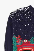 Vintage Navy Blue Fireplace Baxter & Wells Ugly Christmas Cardigan (1990s)