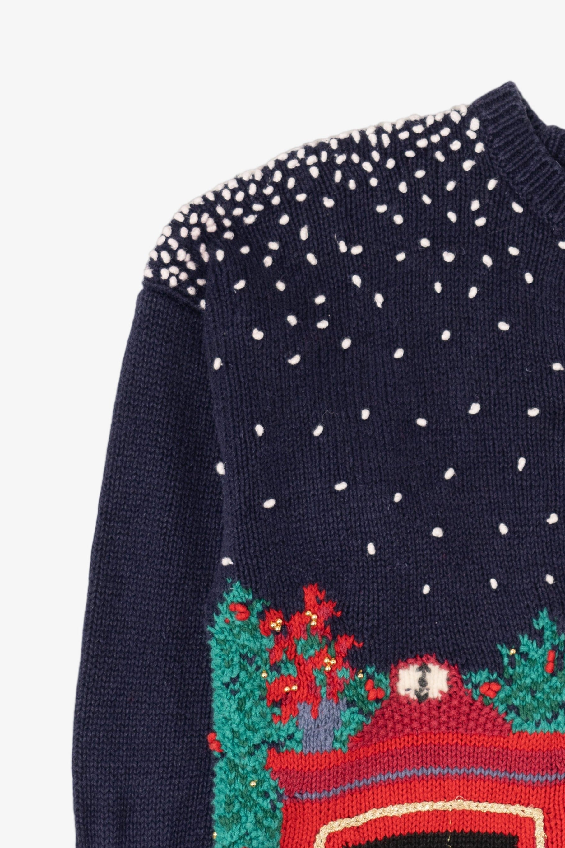 Vintage Navy Blue Fireplace Baxter & Wells Ugly Christmas Cardigan (1990s)