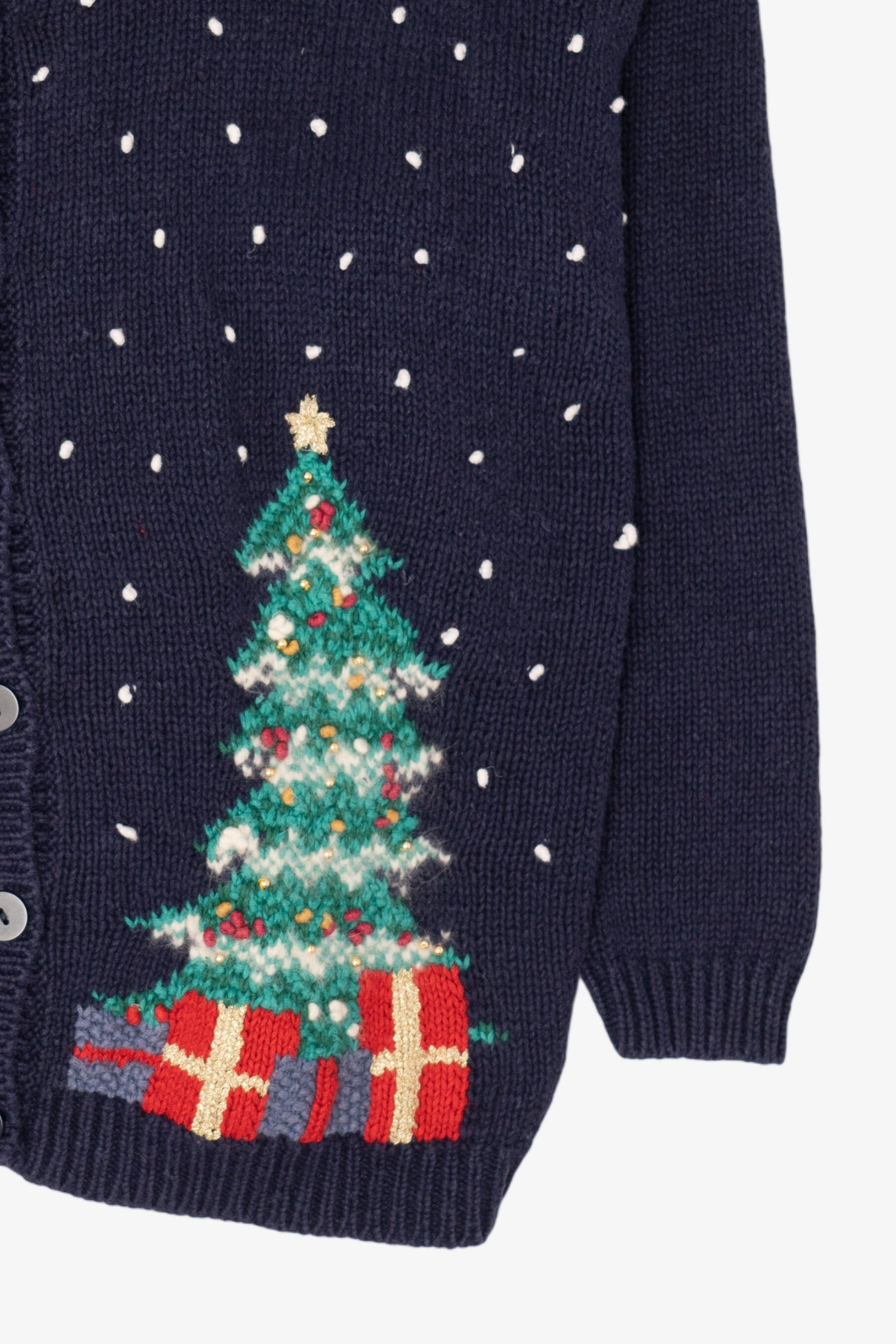 Vintage Navy Blue Fireplace Baxter & Wells Ugly Christmas Cardigan (1990s)