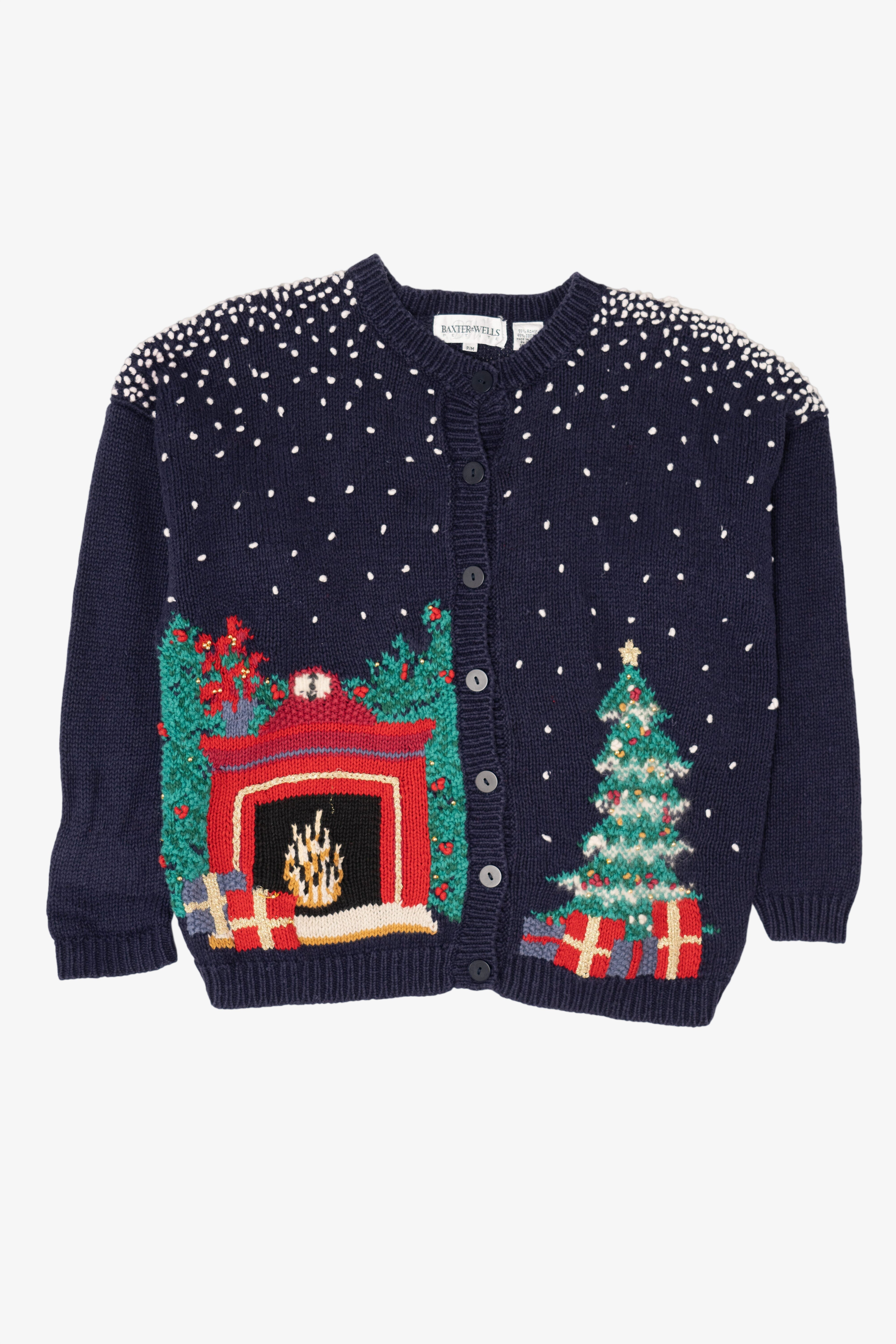 Vintage Navy Blue Fireplace Baxter & Wells Ugly Christmas Cardigan (1990s)