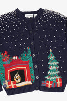 Vintage Navy Blue Fireplace Baxter & Wells Ugly Christmas Cardigan (1990s)