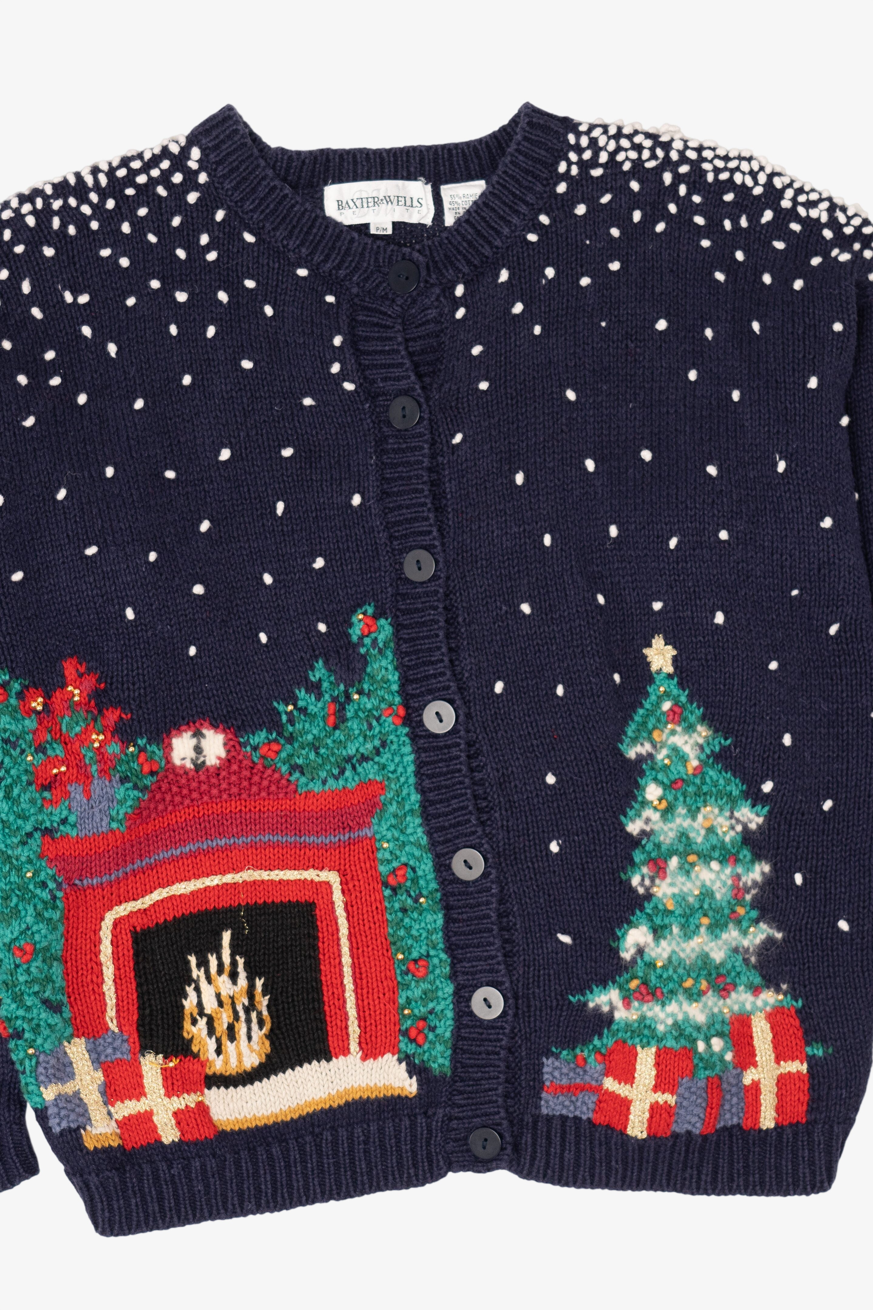 Vintage Navy Blue Fireplace Baxter & Wells Ugly Christmas Cardigan (1990s)