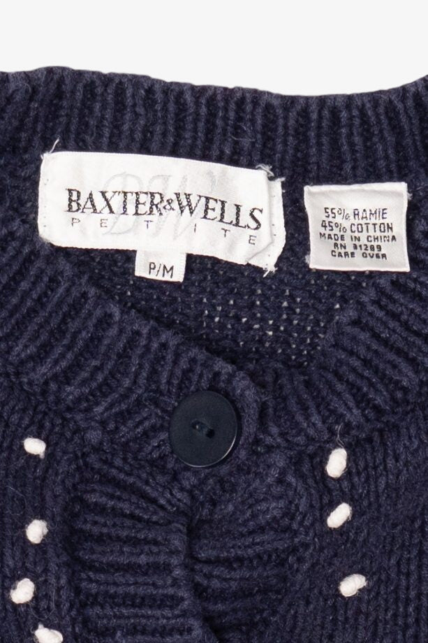 Vintage Navy Blue Fireplace Baxter & Wells Ugly Christmas Cardigan (1990s)
