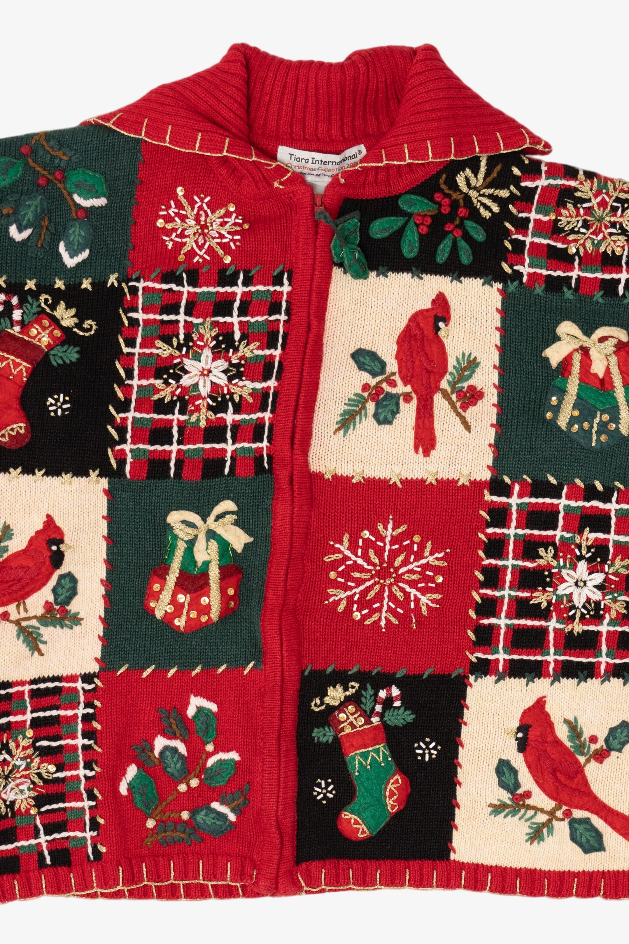 Vintage Red Tiara Cardinals Patchwork Ugly Christmas Cardigan (2000s)