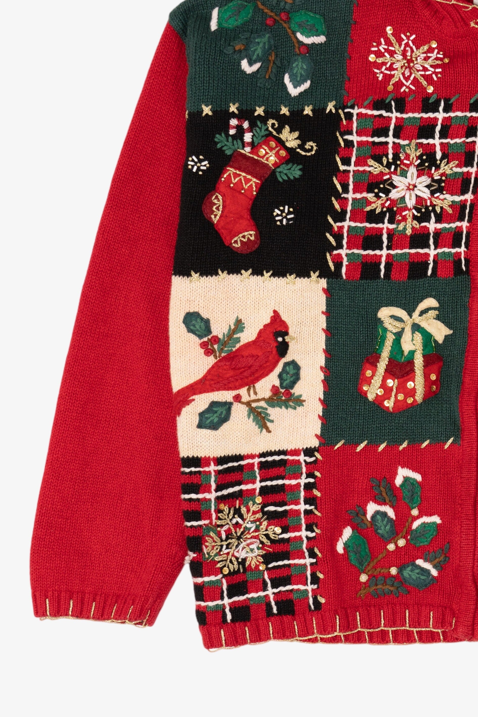 Vintage Red Tiara Cardinals Patchwork Ugly Christmas Cardigan (2000s)