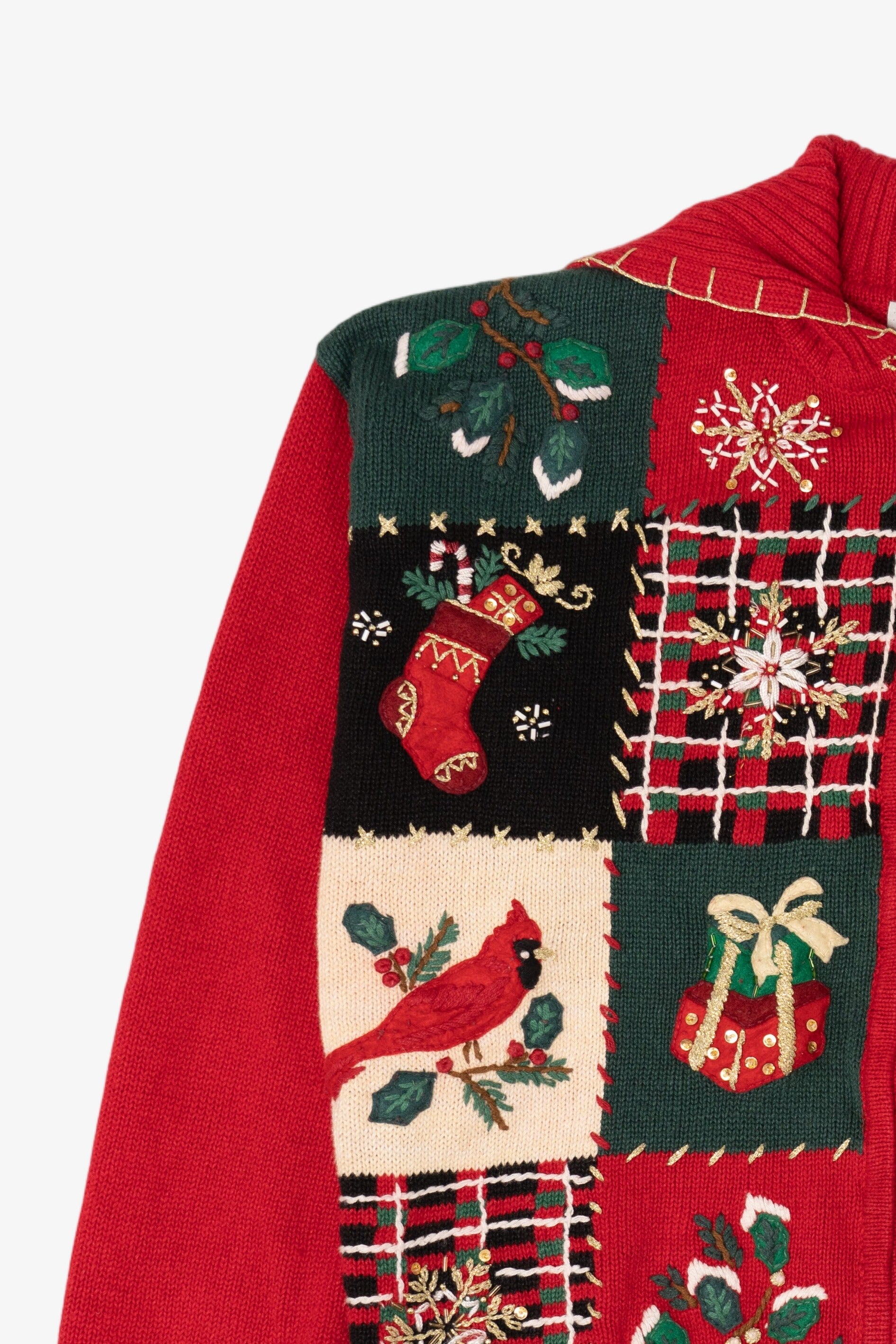 Vintage Red Tiara Cardinals Patchwork Ugly Christmas Cardigan (2000s)
