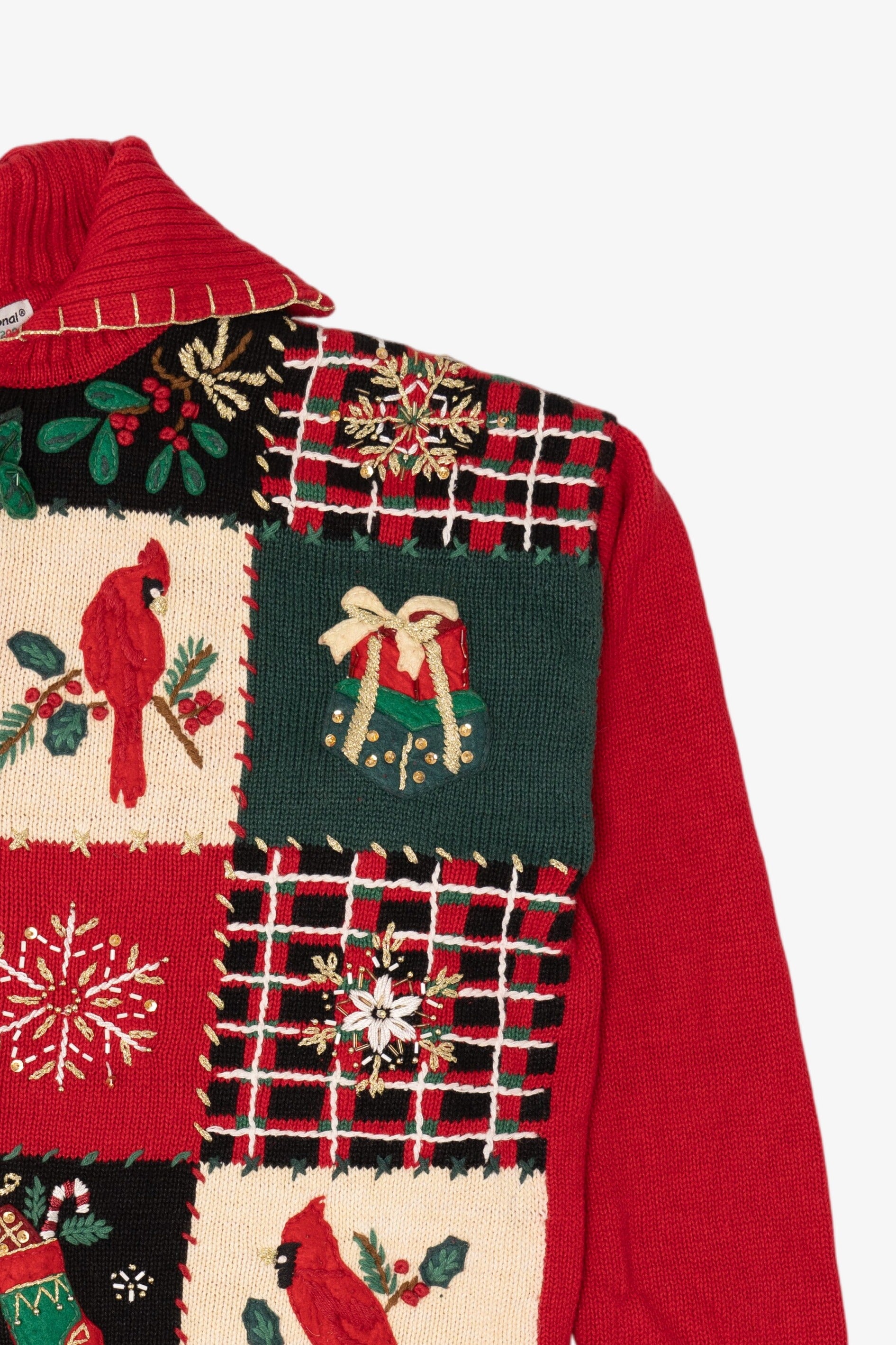 Vintage Red Tiara Cardinals Patchwork Ugly Christmas Cardigan (2000s)