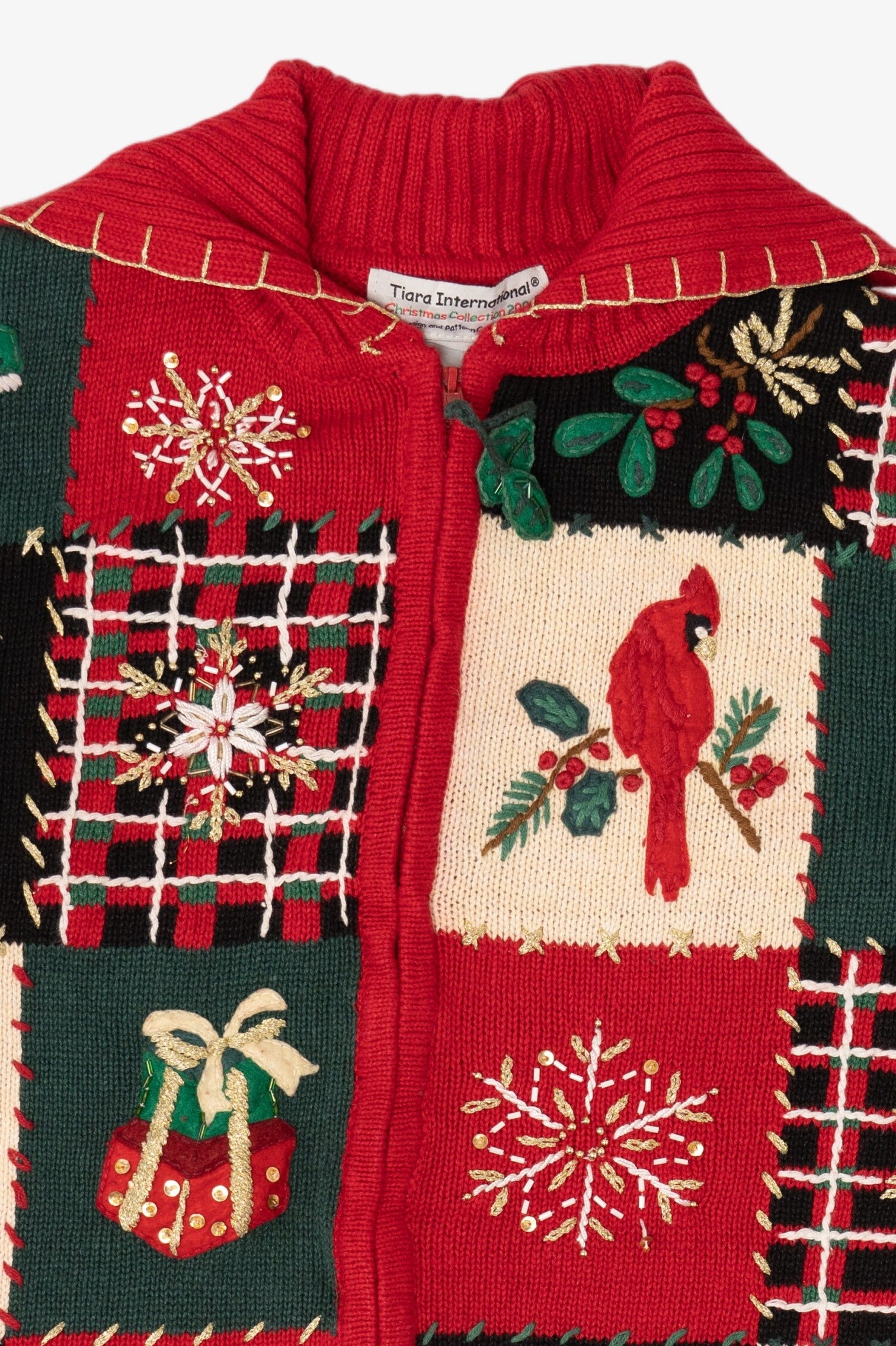 Vintage Red Tiara Cardinals Patchwork Ugly Christmas Cardigan (2000s)