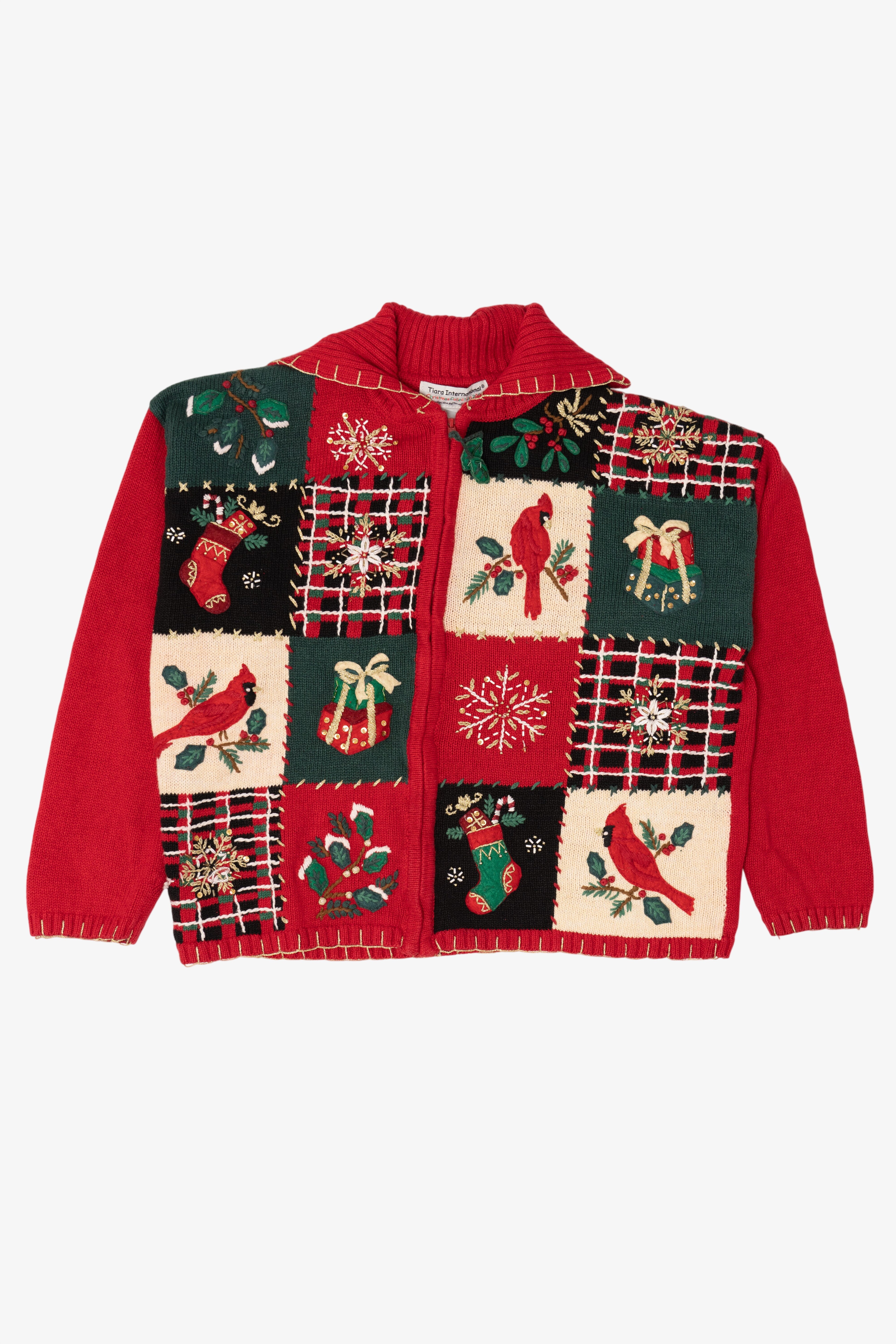 Vintage Red Tiara Cardinals Patchwork Ugly Christmas Cardigan (2000s)