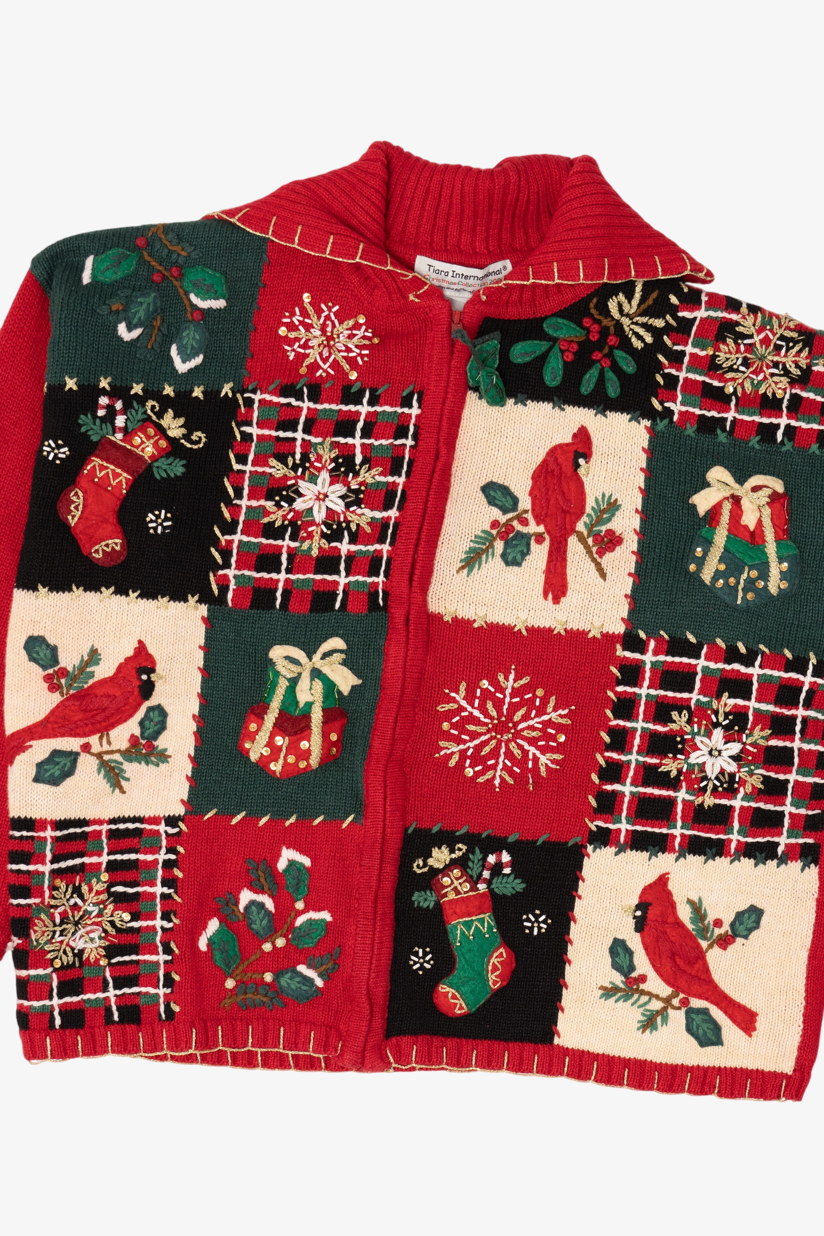 Vintage Red Tiara Cardinals Patchwork Ugly Christmas Cardigan (2000s)