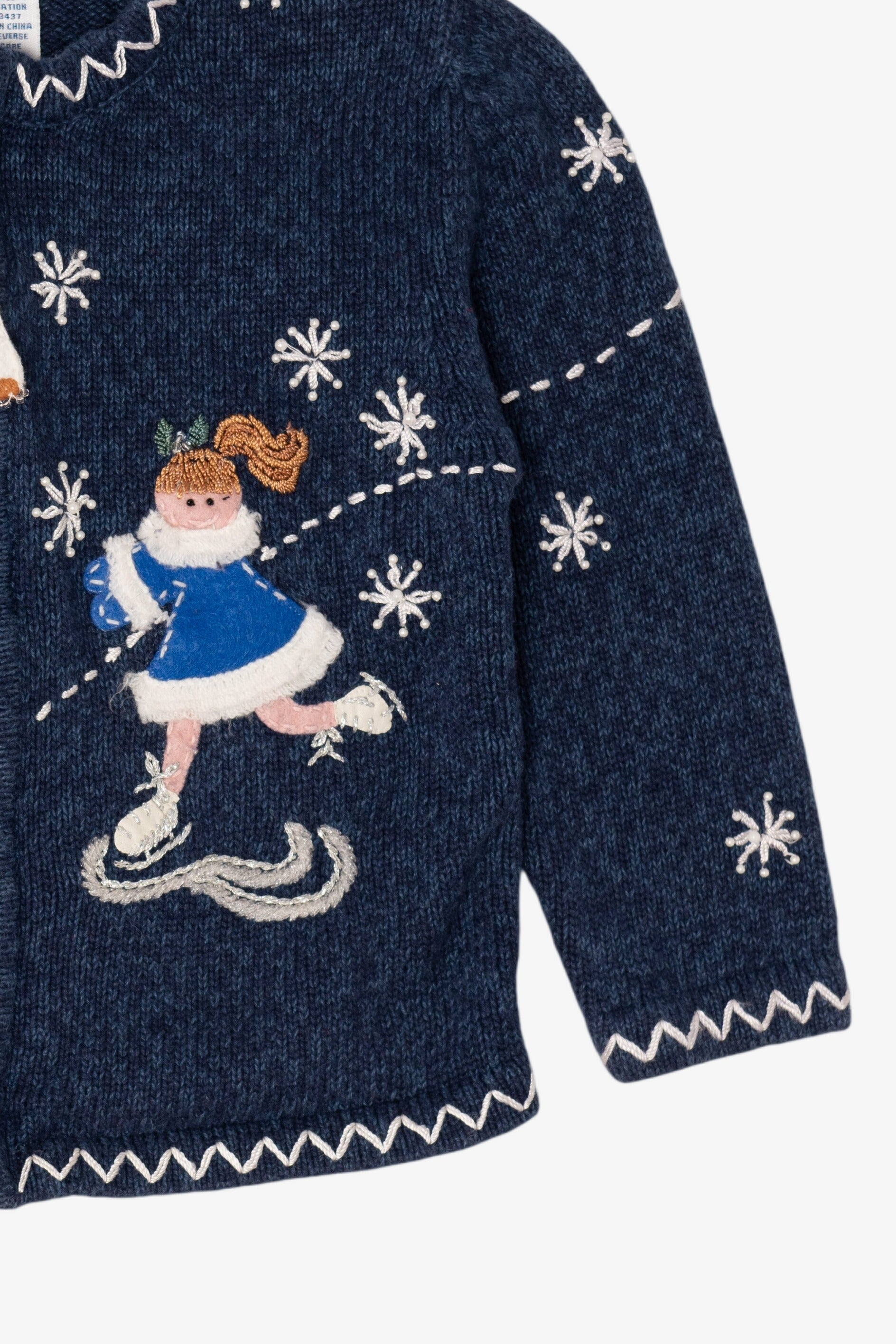 Vintage Kids Navy Blue UR It Ice Skating Ugly Christmas Cardigan (1990s)