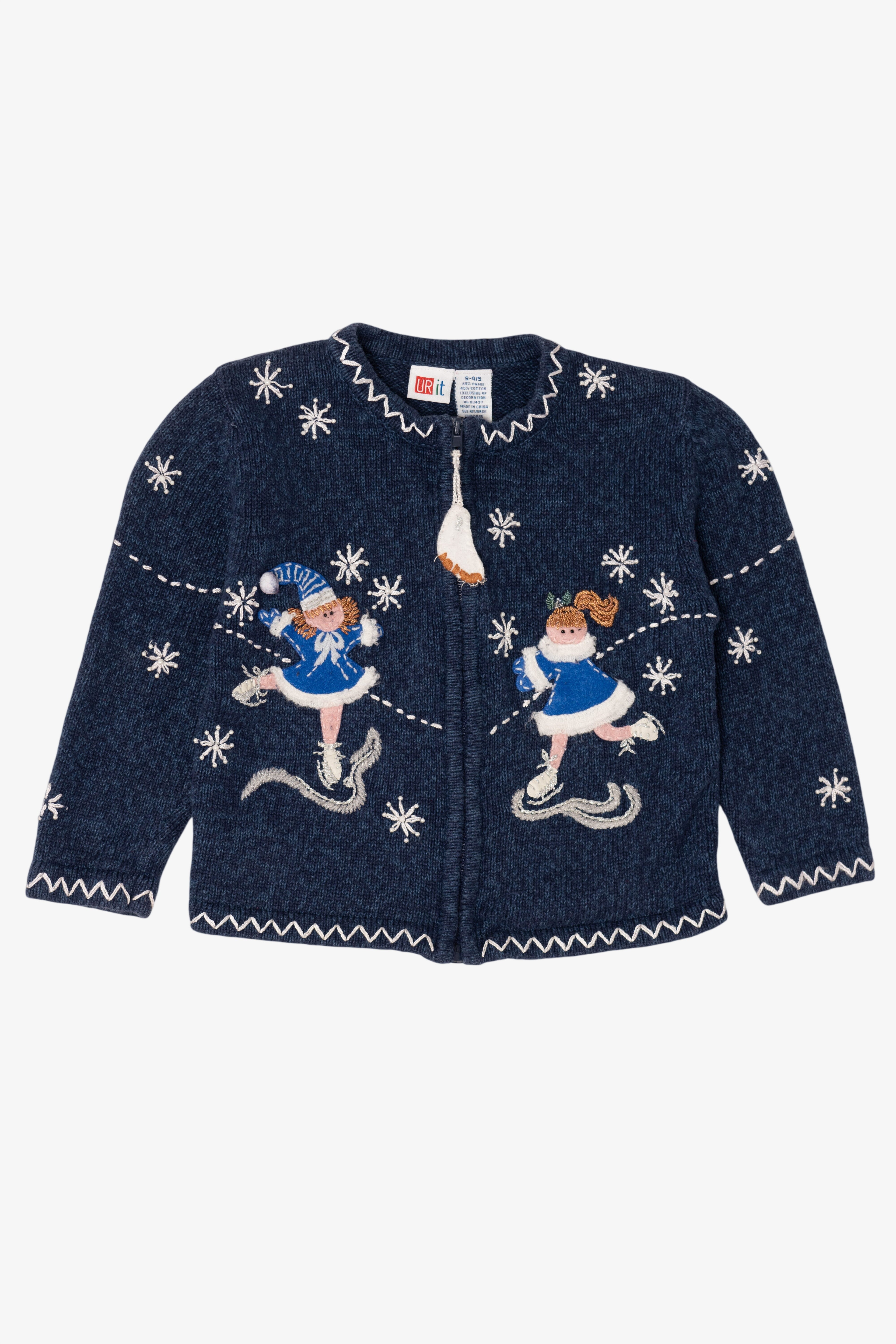 Vintage Kids Navy Blue UR It Ice Skating Ugly Christmas Cardigan (1990s)