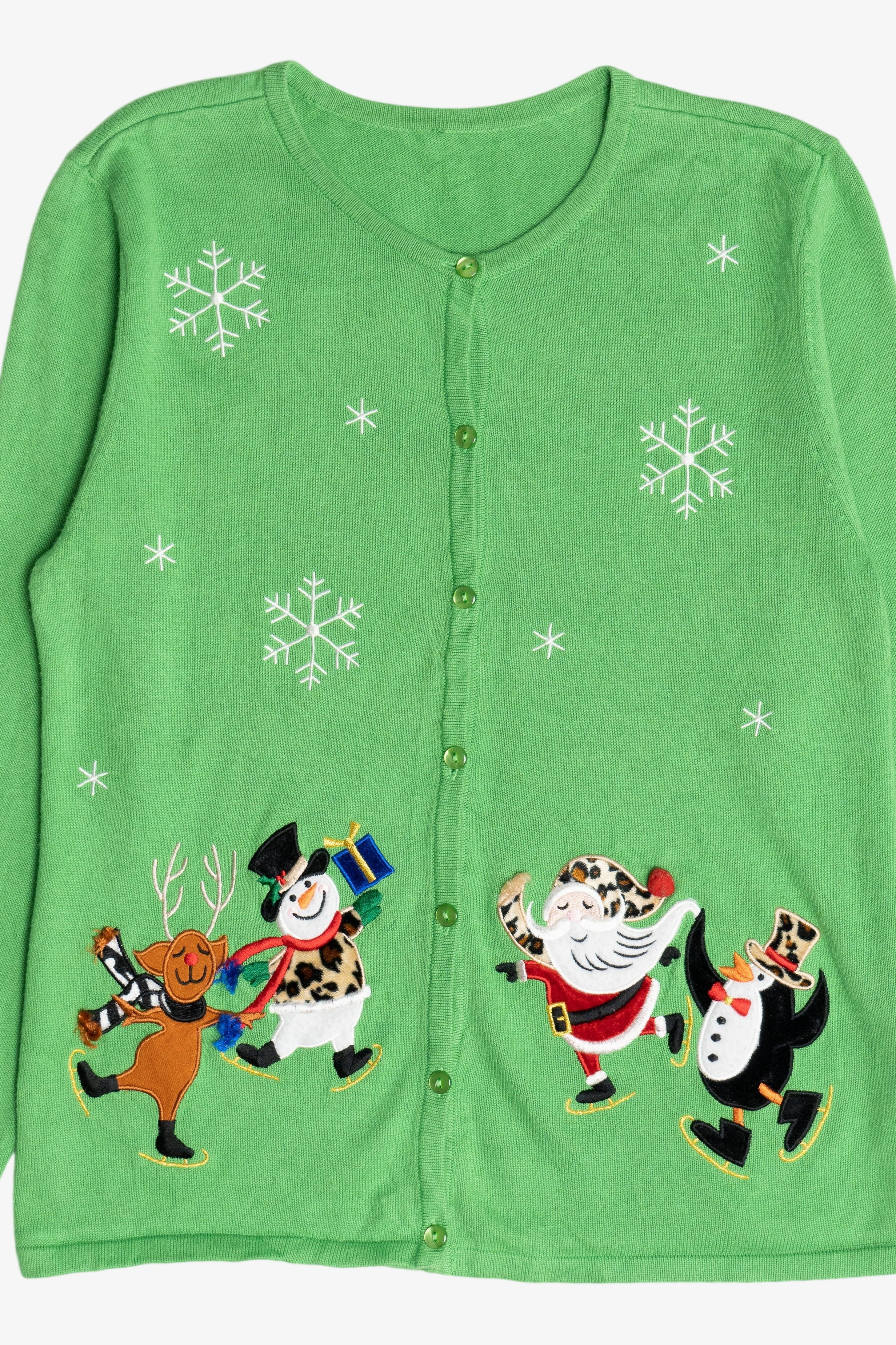 Vintage Lime Green Festive Ice Skating Ugly Christmas Cardigan (2000s)