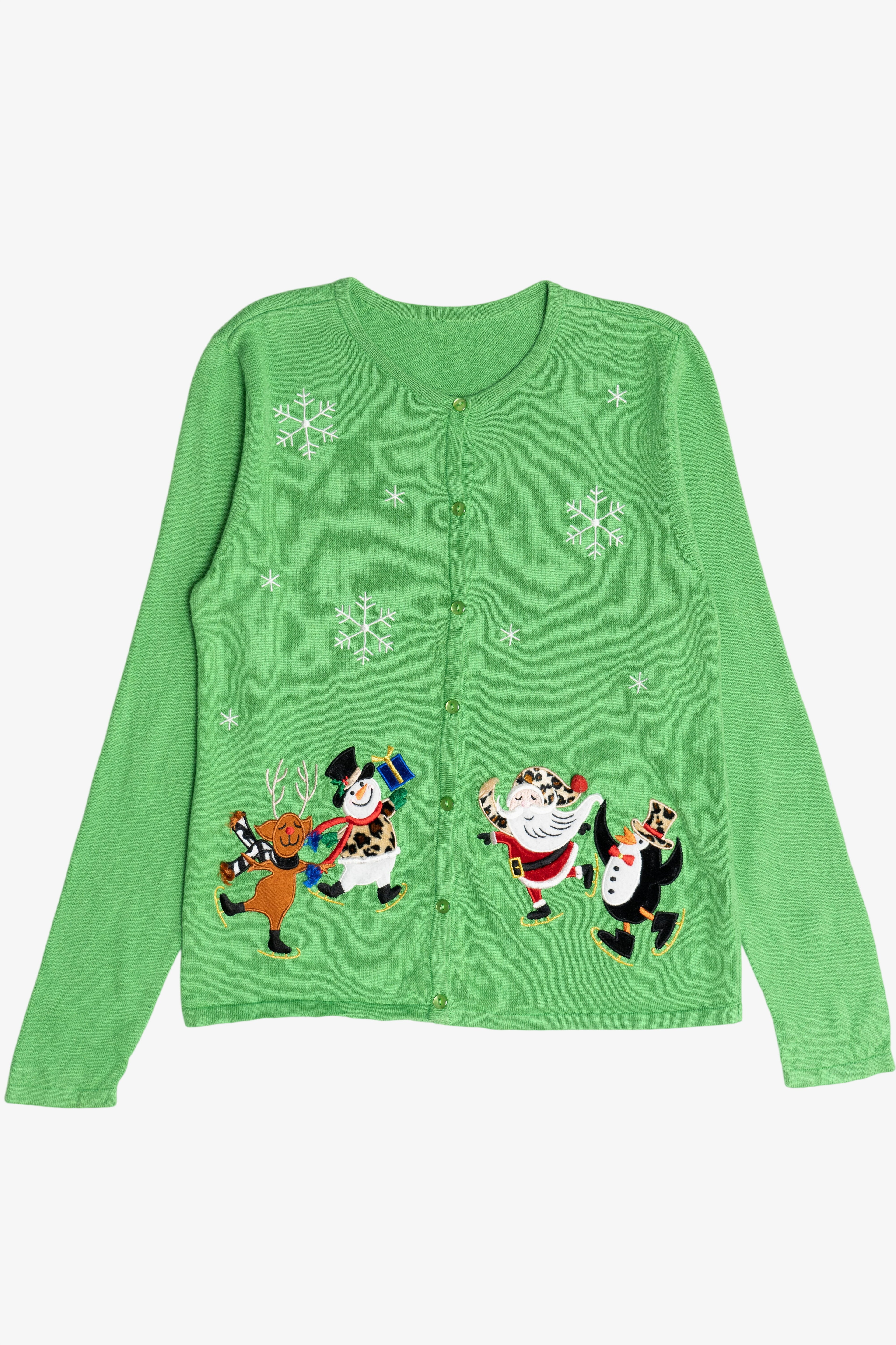 Vintage Lime Green Festive Ice Skating Ugly Christmas Cardigan (2000s)