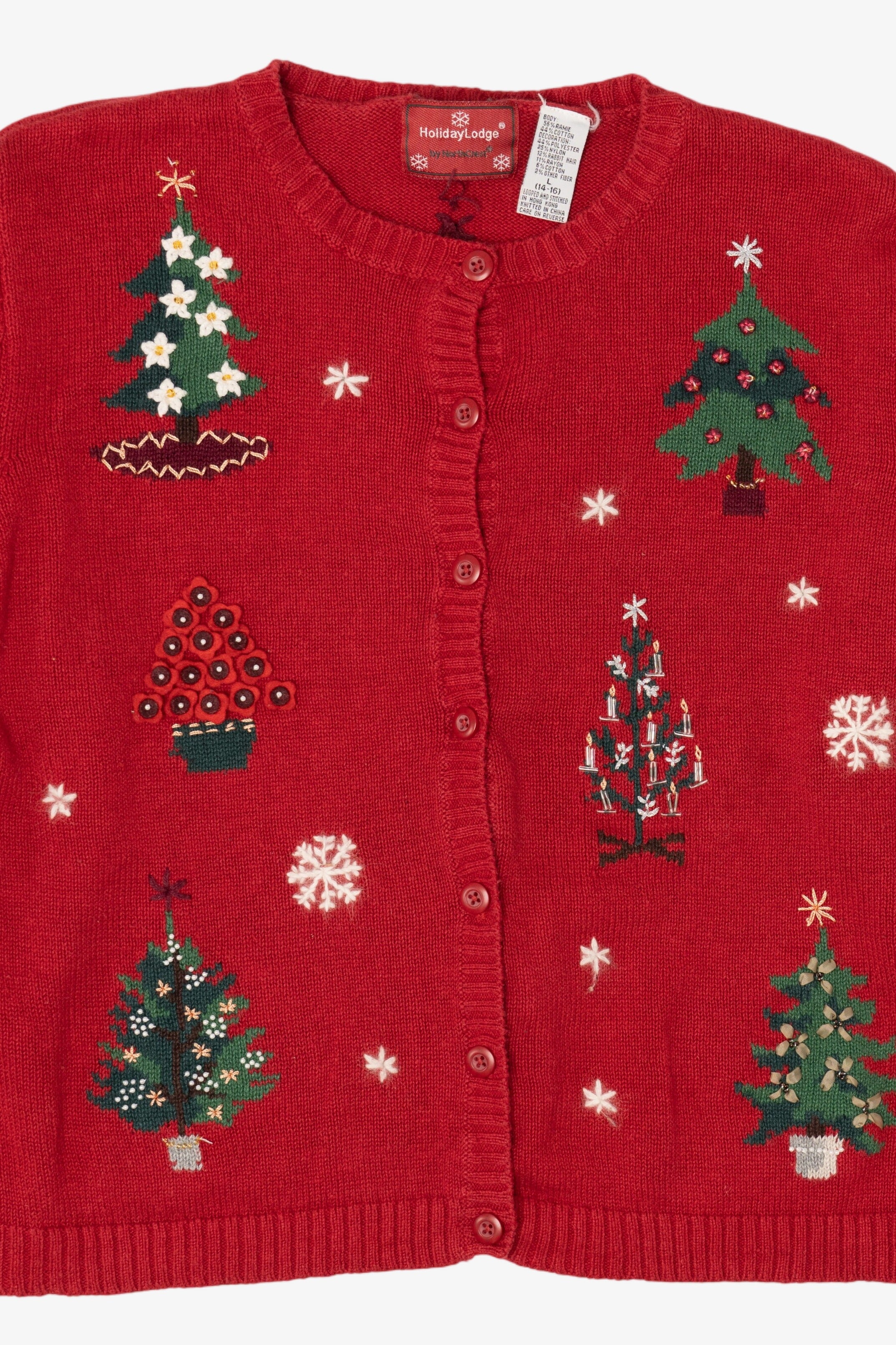 Vintage Red Holiday Lodge Trees Ugly Christmas Cardigan (1990s)