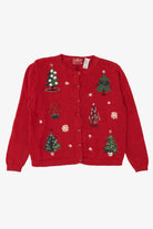 Vintage Red Holiday Lodge Trees Ugly Christmas Cardigan (1990s)