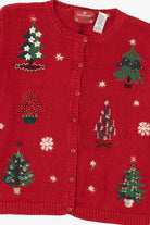 Vintage Red Holiday Lodge Trees Ugly Christmas Cardigan (1990s)