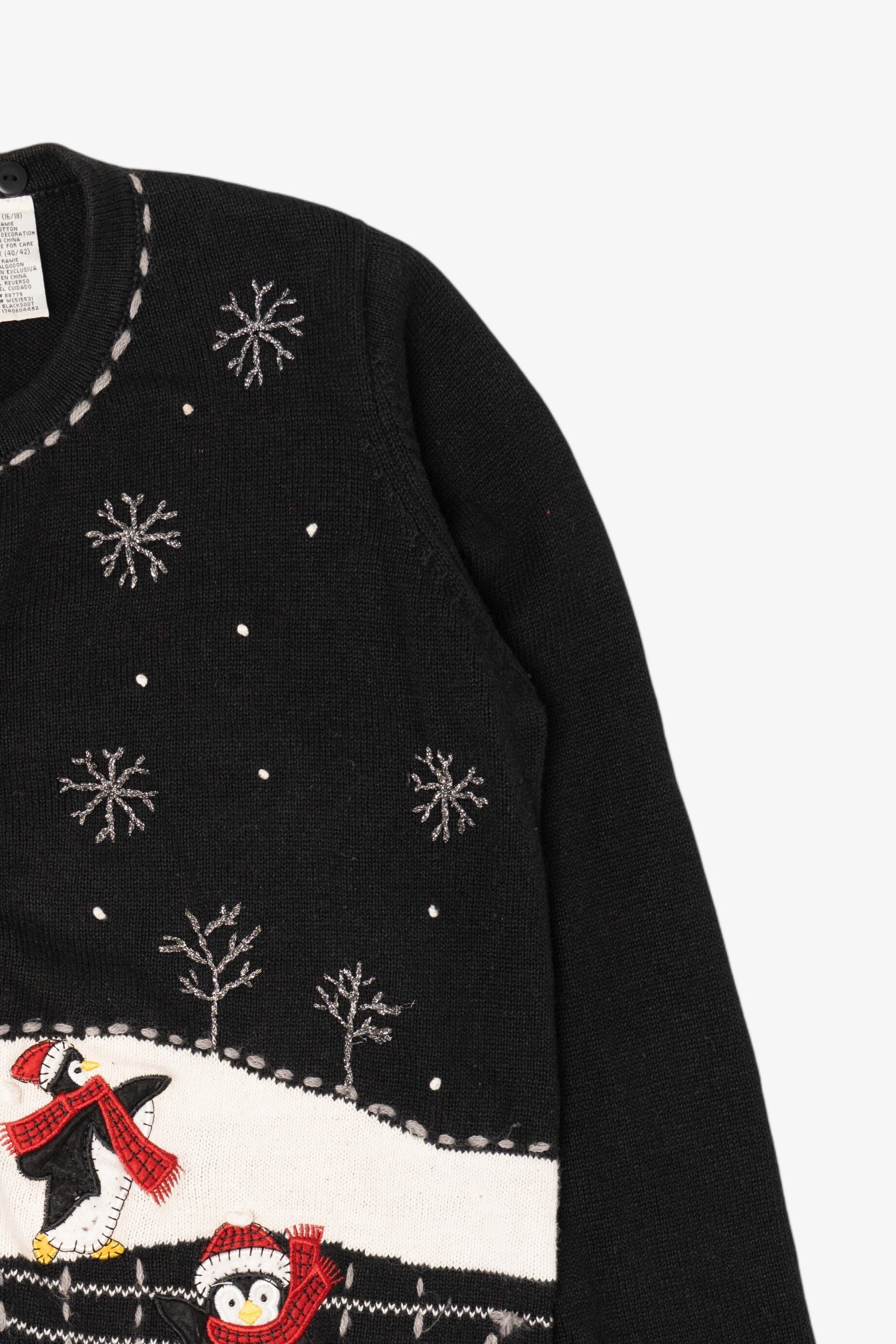 Vintage Black White Stag Penguins Ugly Christmas Cardigan (1990s)