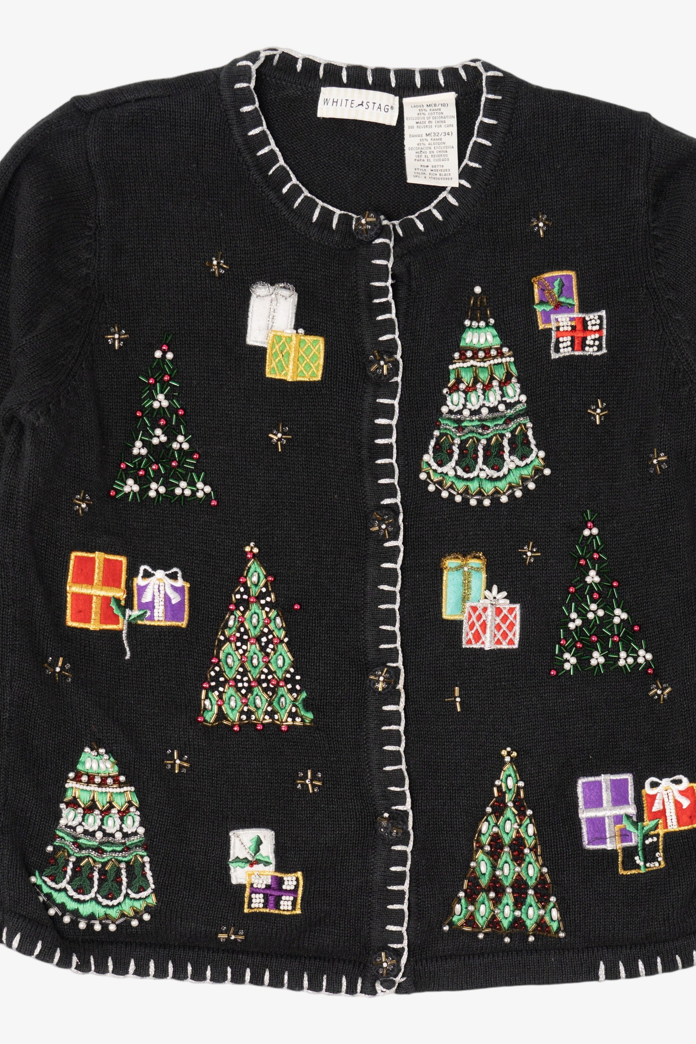 Vintage Black White Stag Trees Ugly Christmas Cardigan (1990s)