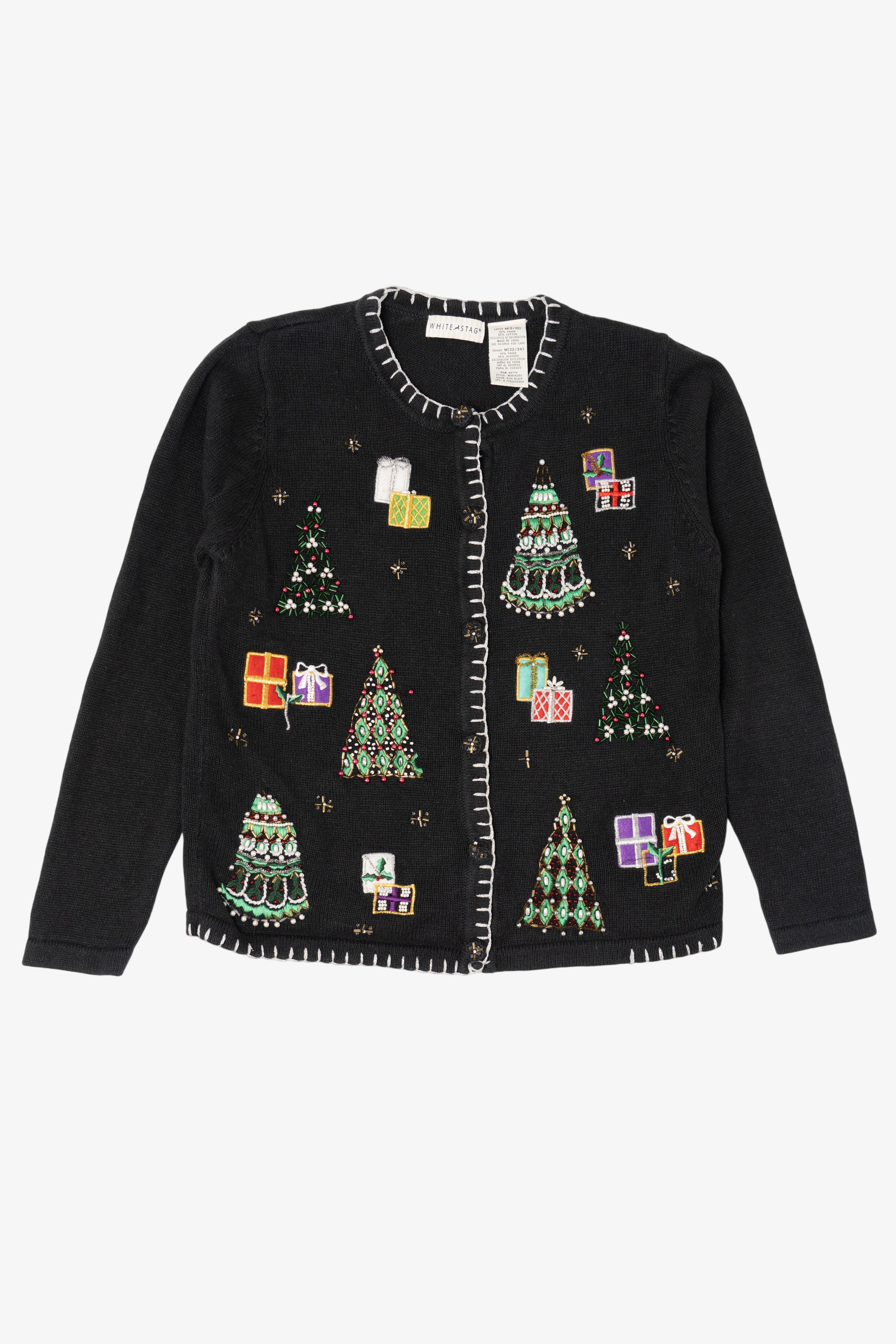 Vintage Black White Stag Trees Ugly Christmas Cardigan (1990s)
