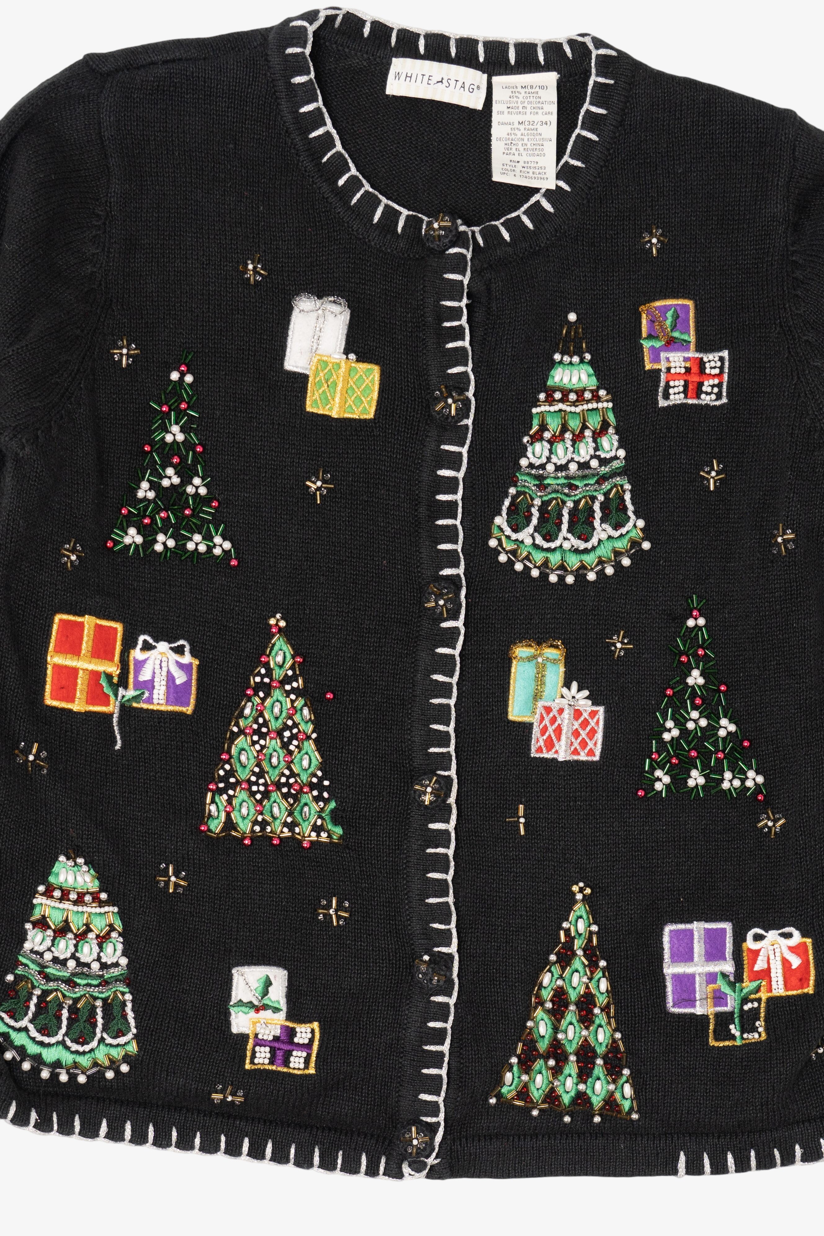 Vintage Black White Stag Trees Ugly Christmas Cardigan (1990s)