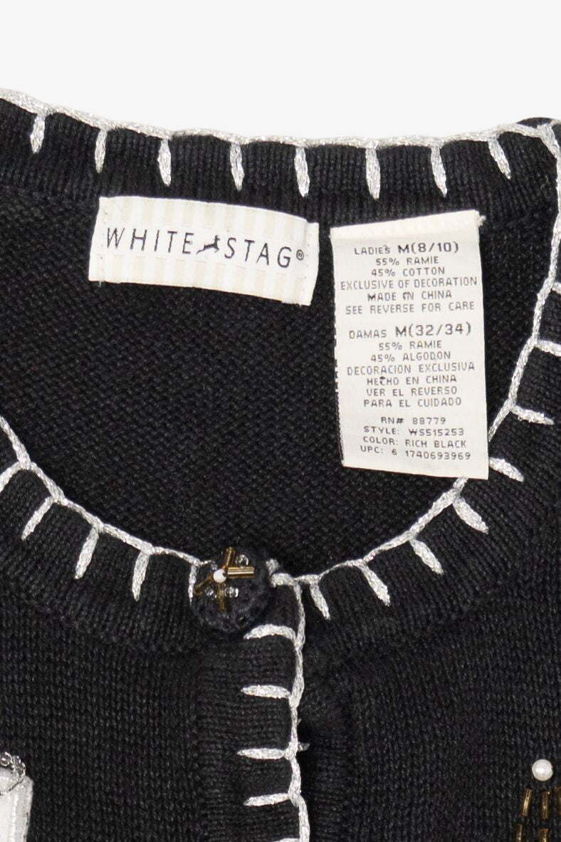 Vintage Black White Stag Trees Ugly Christmas Cardigan (1990s)