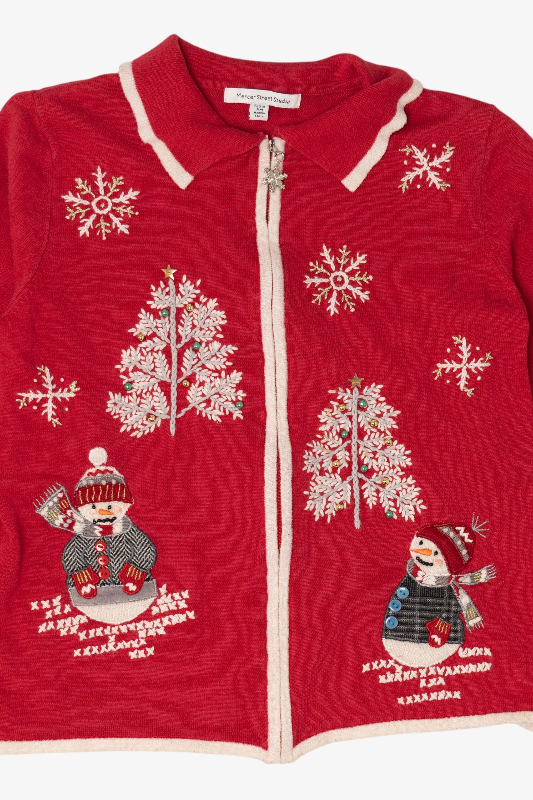 Vintage Red Mercer Street Snowmen Ugly Christmas Cardigan (2000s)