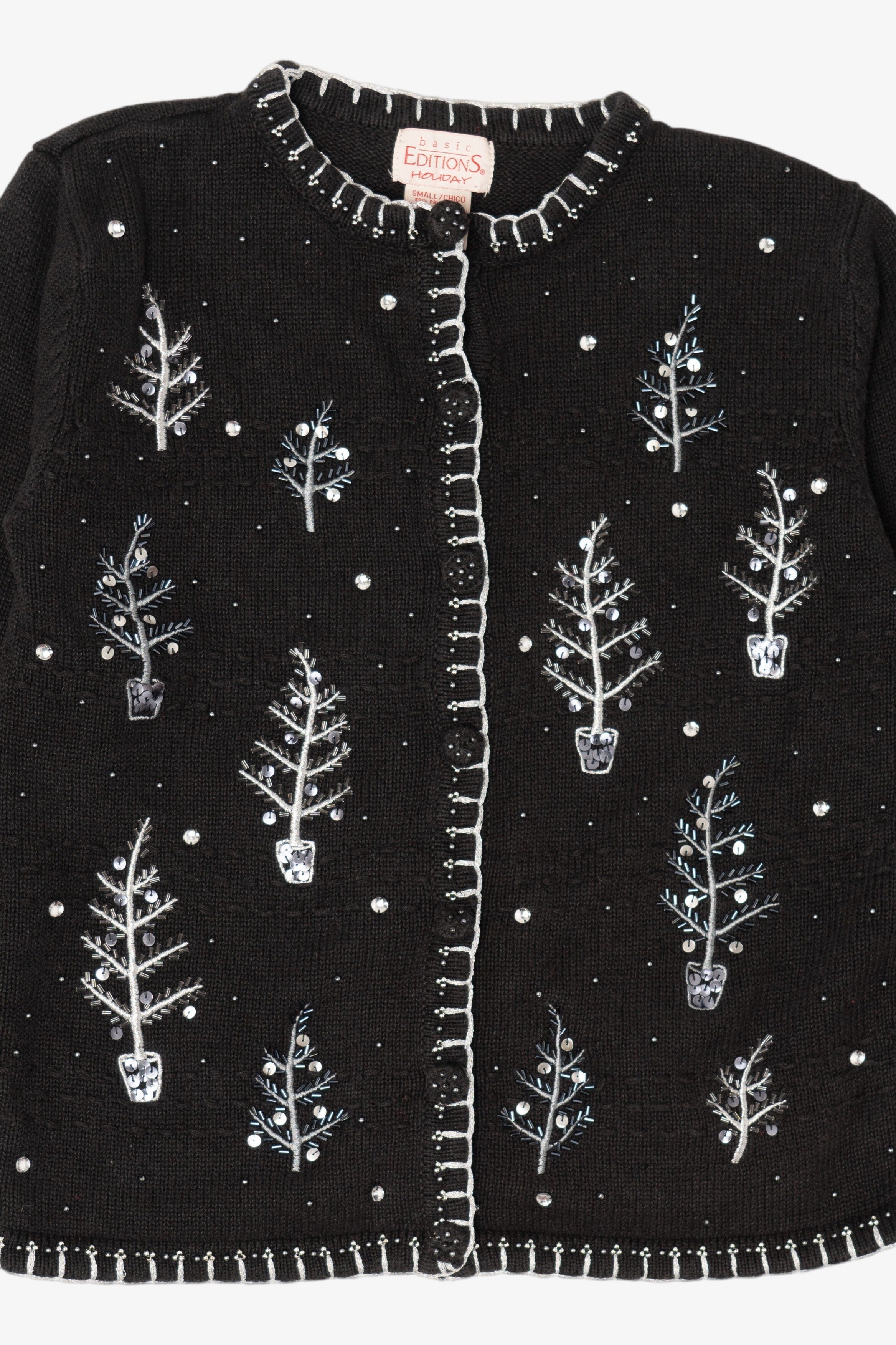 Vintage Black Basic Editions Trees Ugly Christmas Cardigan (1990s)
