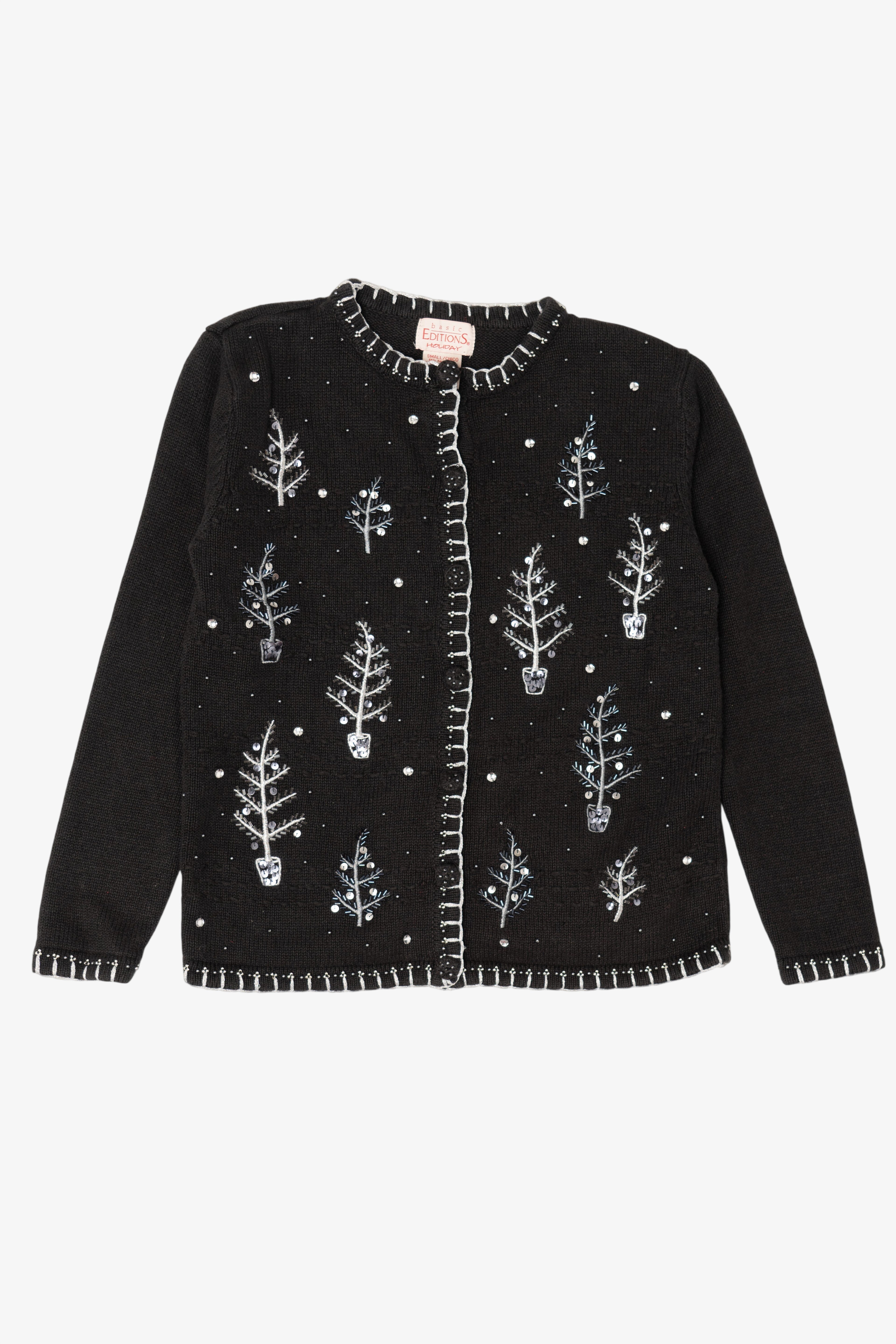 Vintage Black Basic Editions Trees Ugly Christmas Cardigan (1990s)