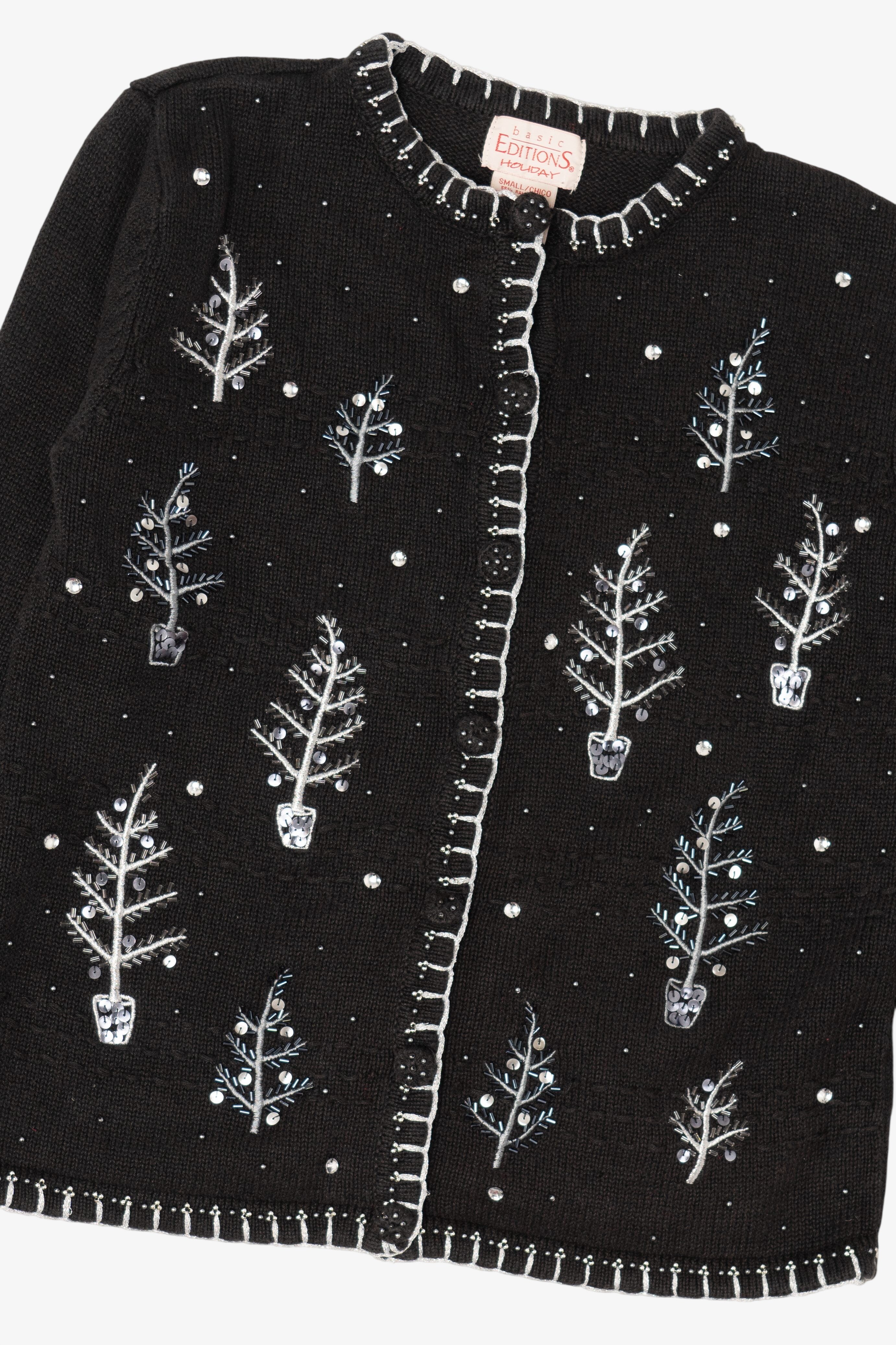 Vintage Black Basic Editions Trees Ugly Christmas Cardigan (1990s)