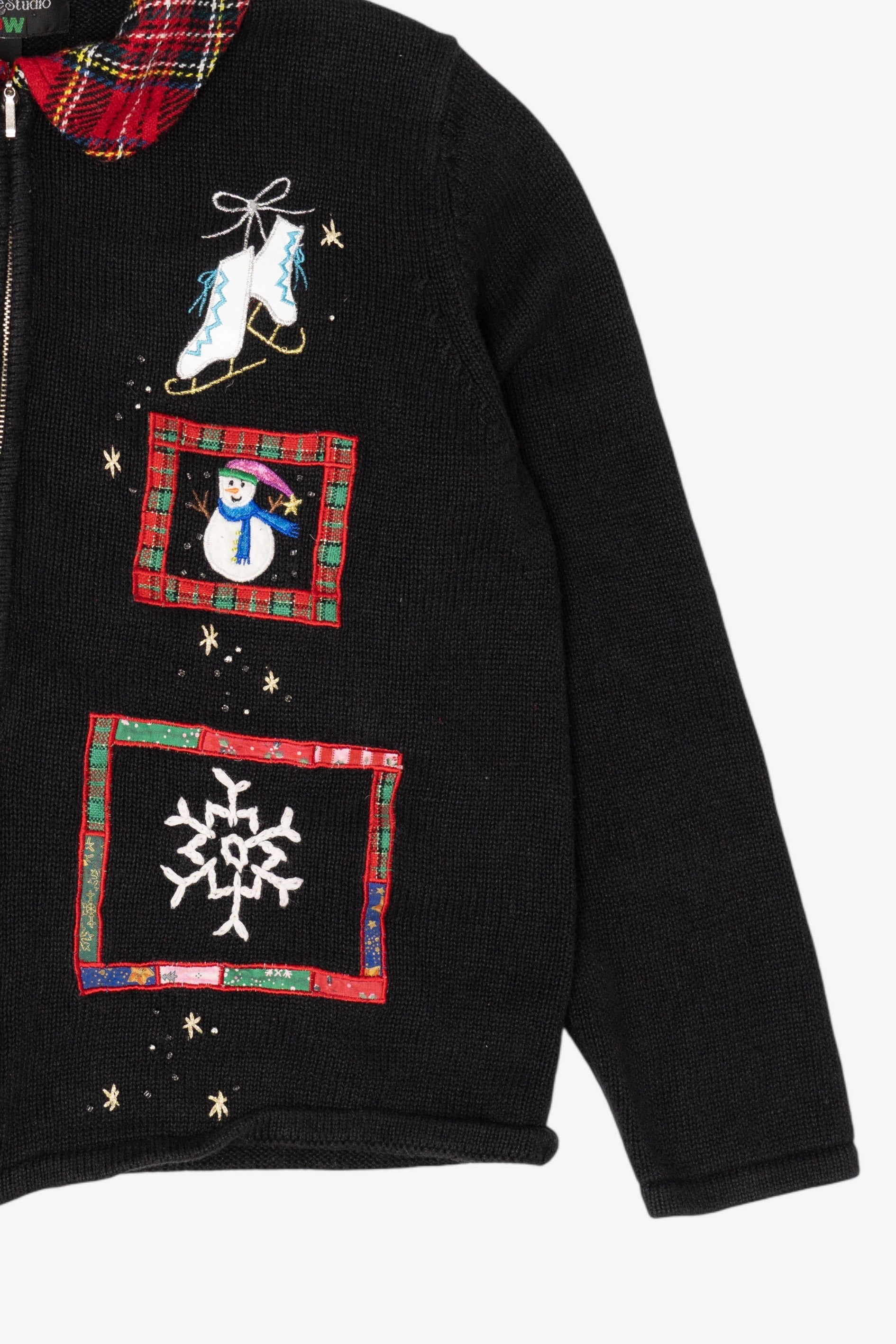 Vintage Black Hampshire Studio Snowmen Ugly Christmas Cardigan (1990s)