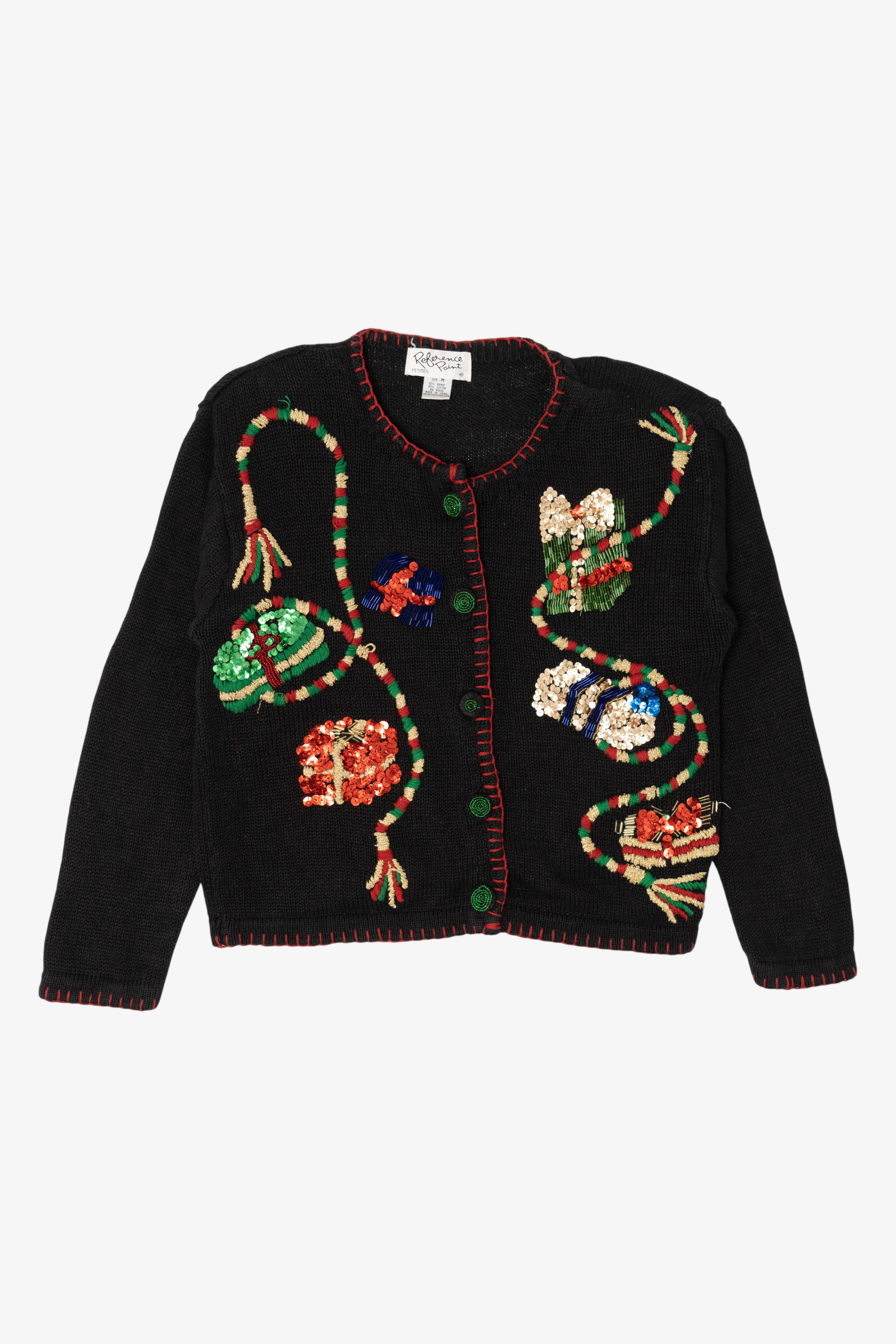 Vintage Black Reference Point Presents Ugly Christmas Cardigan (1990s)
